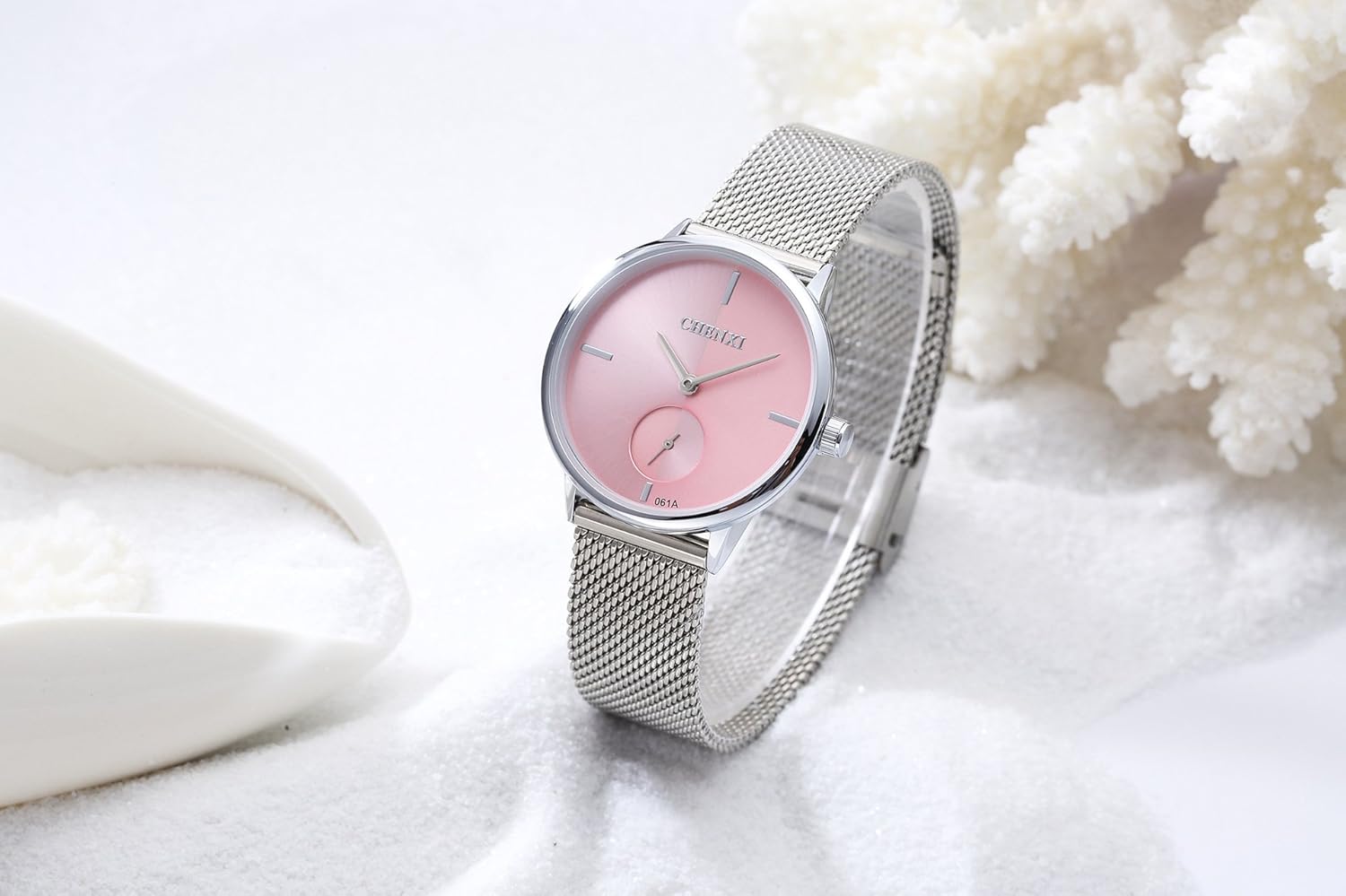 MASTOP Women's Silver Stainless Steel Woven Mesh Strap Wrist Watch Simple Design Analog Display Quartz Watch - Image 5