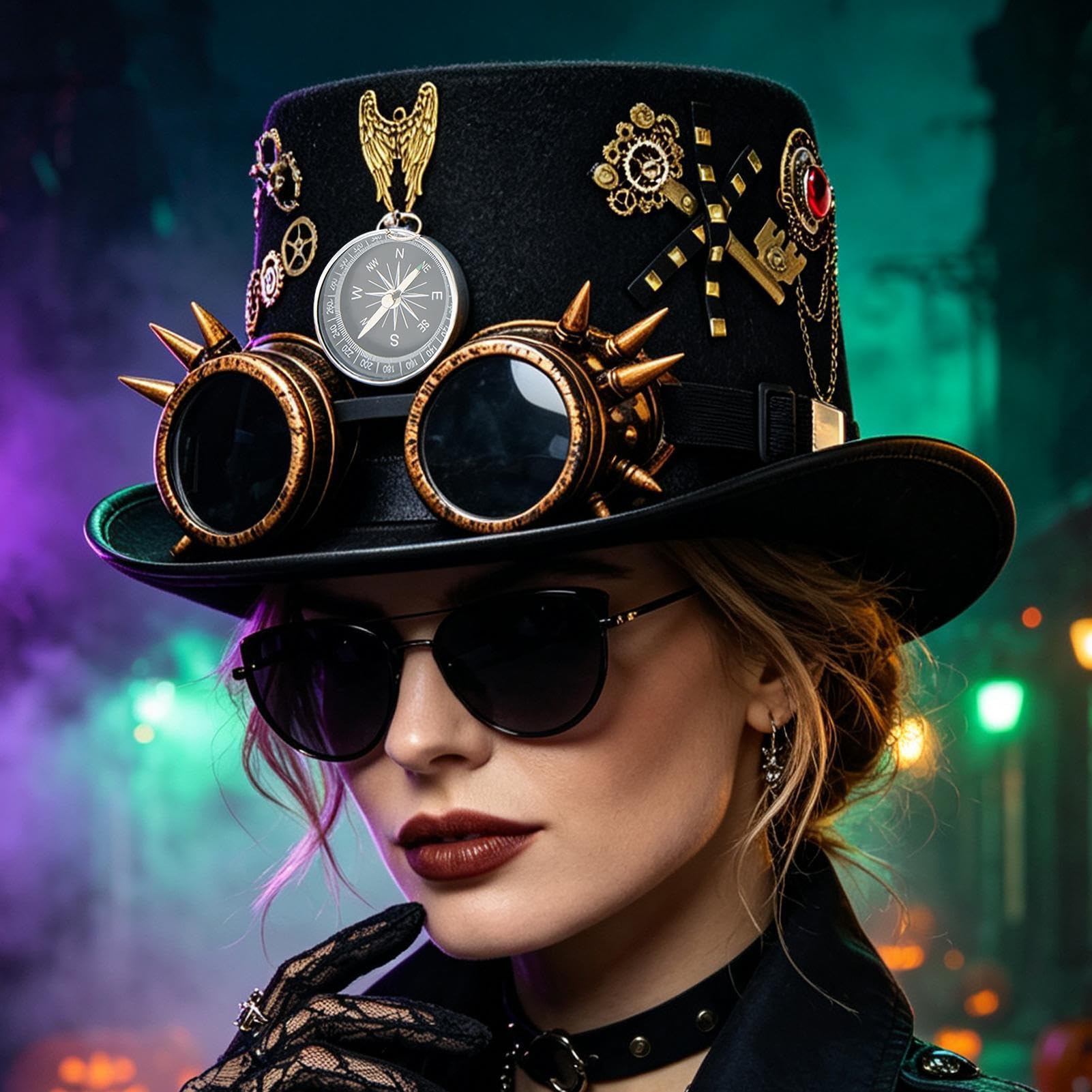 Sombrero Steampunk Tocado Gótico Portátil De Fieltro Unisex Con Gafas