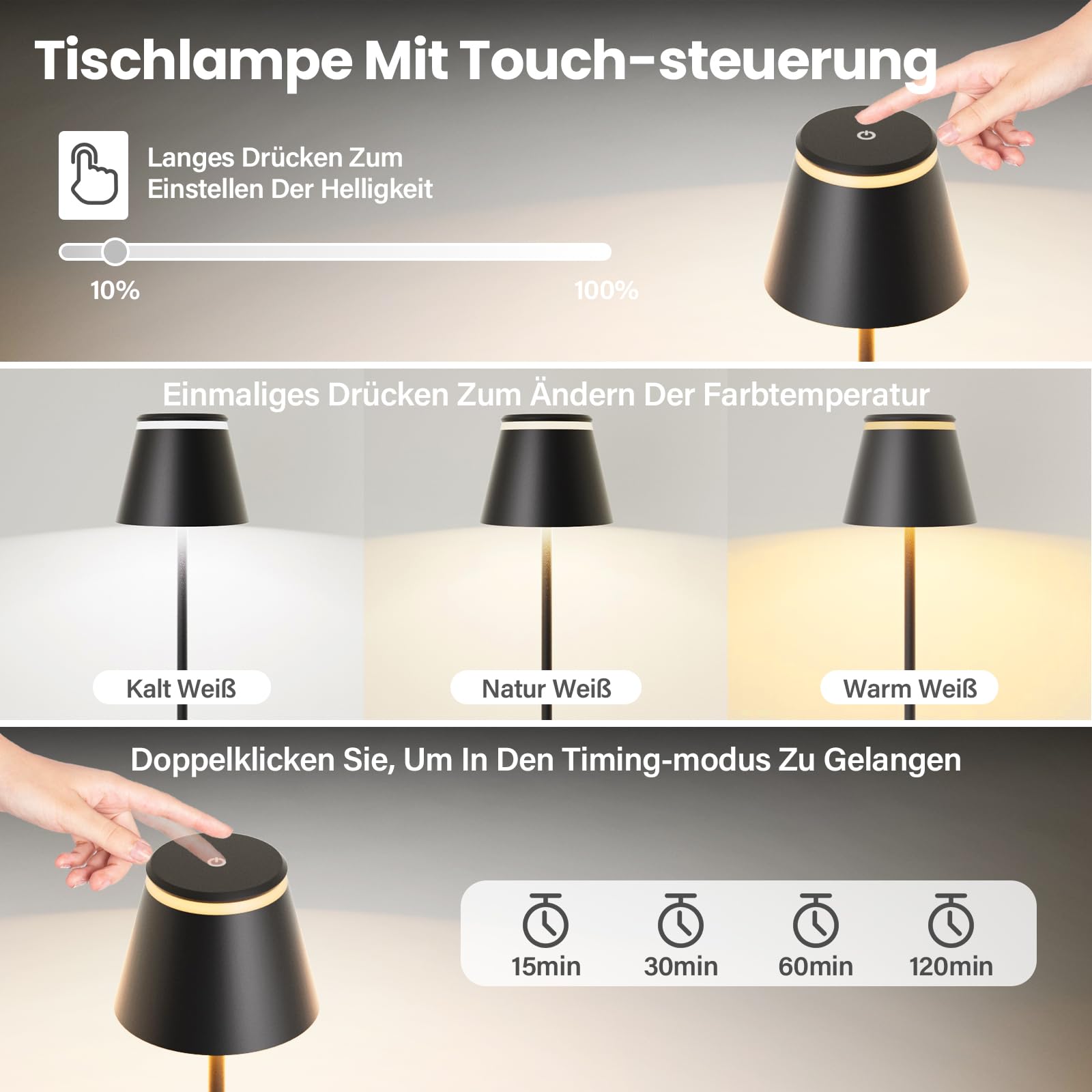 Neoglint Wiederaufladbare kabellose LED-Tischlampe, Nachttischlampe mit kabelloser Ladestation und Fernbedienung, Touch-Schreibtischlampe im modernen Design mit Timer – Schwarz