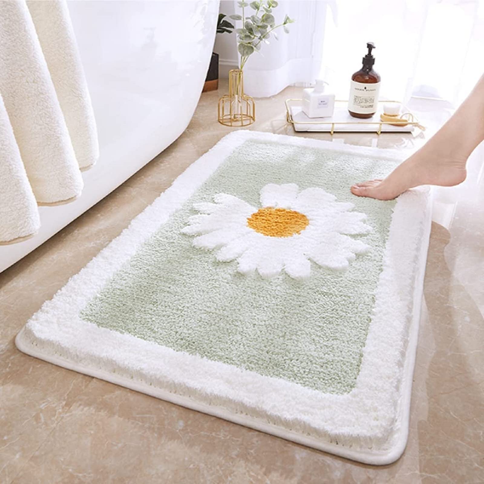 TAPIT Cute Daisy Flower Bath Rugs Non Slip Bathroom Doormat Absorbent Daisy Rugs Ultra Soft Entrance Thickened Mat Rug Fluffy Microfiber Carpet Floor Mat Machine Washable (19.7in*31.5in) (Green)