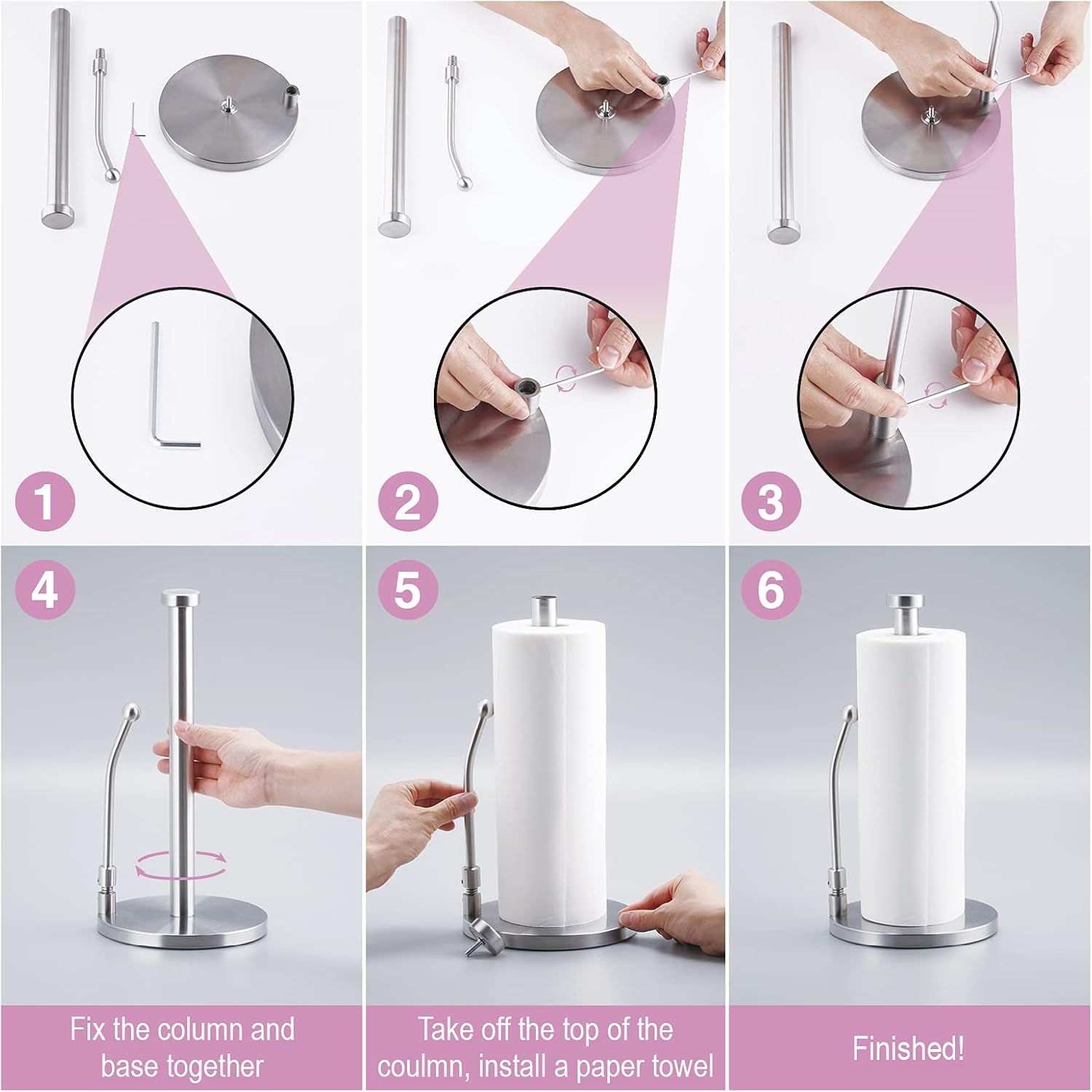 Alikeke Paper Towel Holder，Stainless Steel Paper Towel Holder Stand - Weighted Paper Towel Organizer,Holder for Kitchen Bedroom Bathroom Standing Paper Towel,Stainless Steel for Large Rolls-Chrome