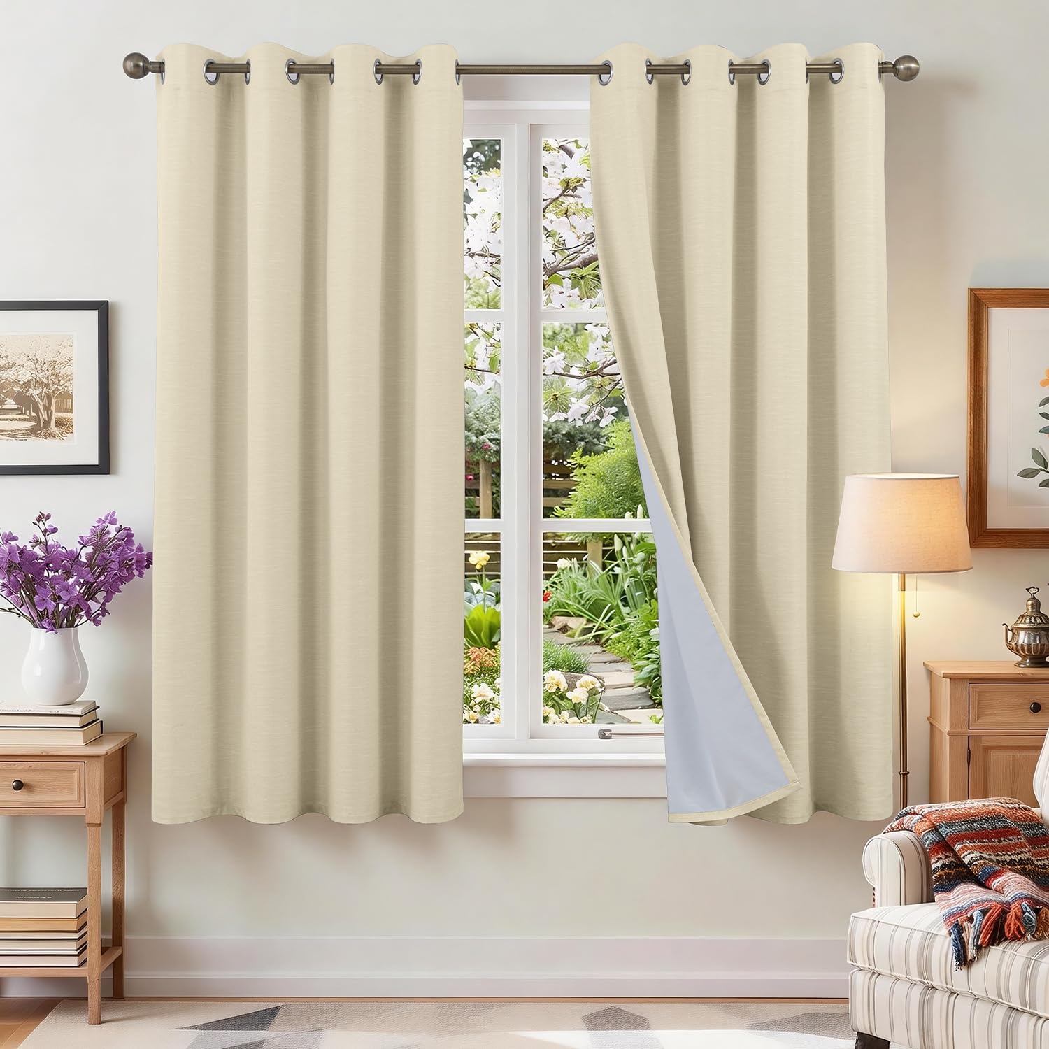 Cortinas Opacas 100% Cortinas para Salon y Dormitorio 2 Piezas 140x175 CM, Gris Beige Cortinas Termicas Aislantes Frio y Calor, Cortinas con Ojales y Cortinas Acustica