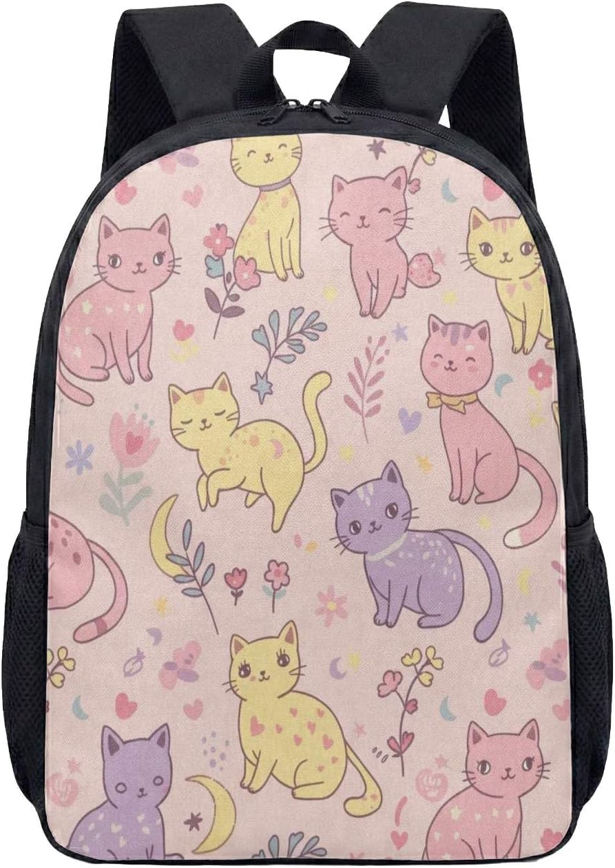 Kawaii Cartoon Cat Dog 17 Inch Backpack Hand Drawn Whimsical Pet Lover Gift Designer Laptop Bag for Adult Women Men (06)