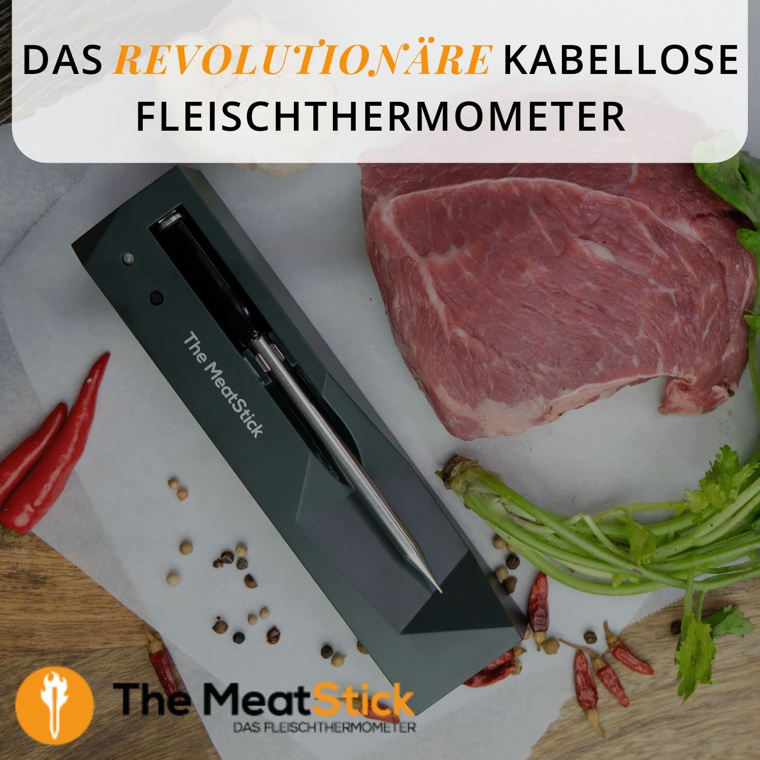 The MeatStick Bridge Set 1 Fleischthermometer Set I 1x MeatStick und WiFi Bridge für 90m Bluetooth Reichweite I inkl. Ladegerät und Tasche I kabellose Thermometer Grillzubehör