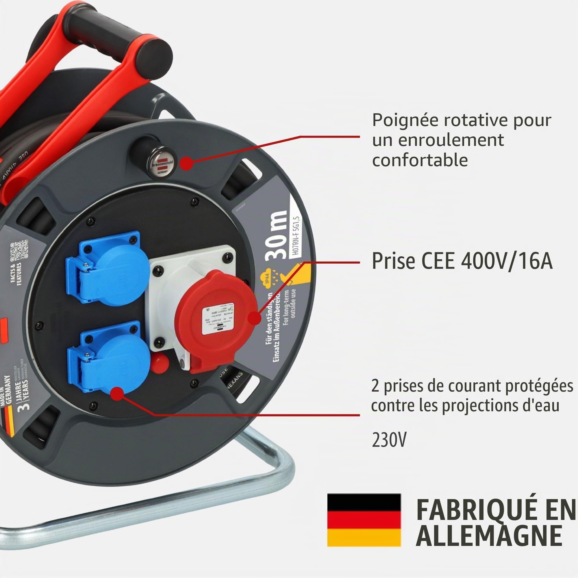 Brennenstuhl Garant Enrouleur de câble CEE 1 V2 IP44 (Enrouleur de câble CEE avec câble de 30 m en Noir, fabriqué en Allemagne, Utilisation extérieure permanente IP44)