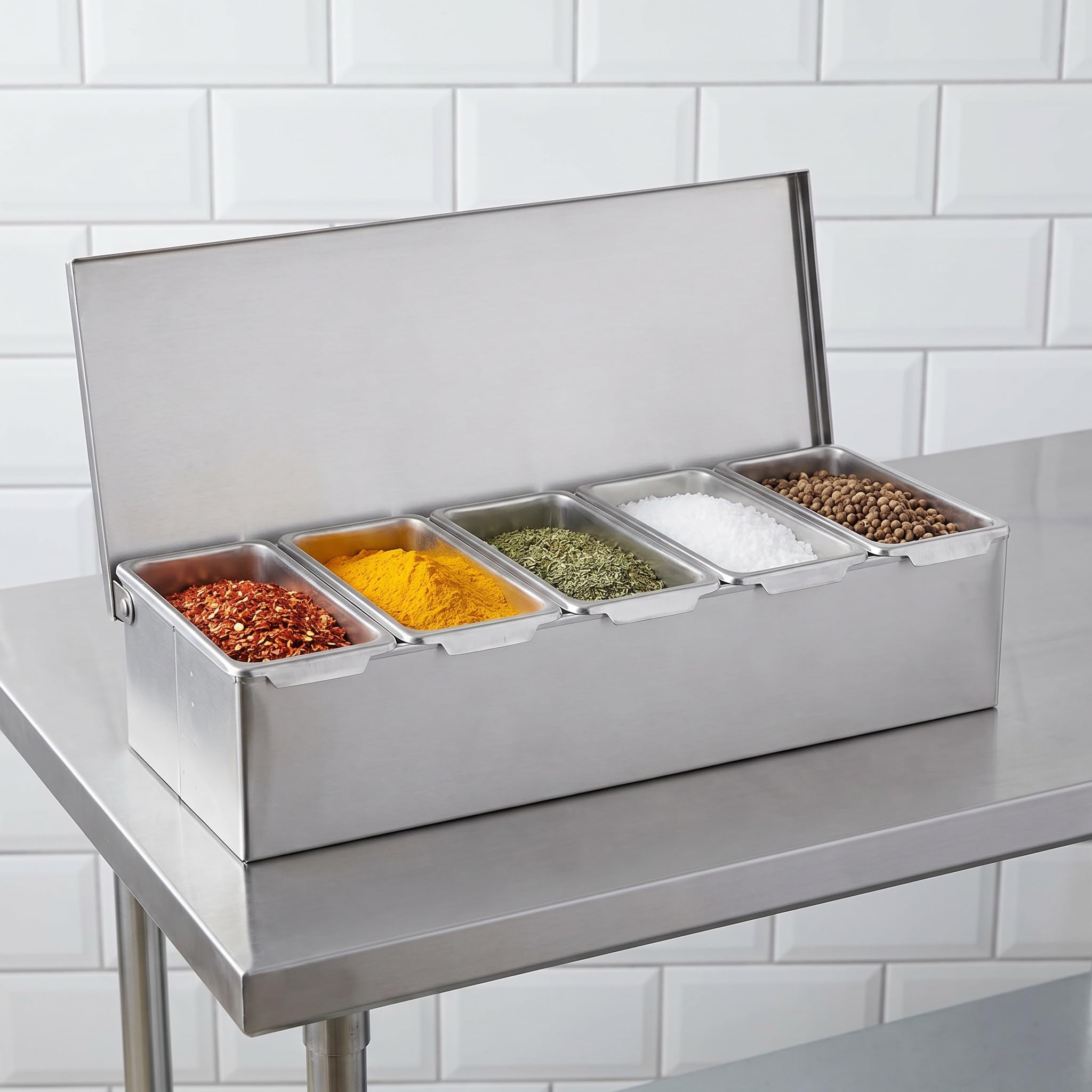 Dispensador De Condimentos De Acero Inoxidable De 5 Compartimentos con Tapa - Recipiente Fácil De Limpiar para Cocina, Restaurante Y Bar - Ideal para Salsas, Especias Y Silver 5 Compartments