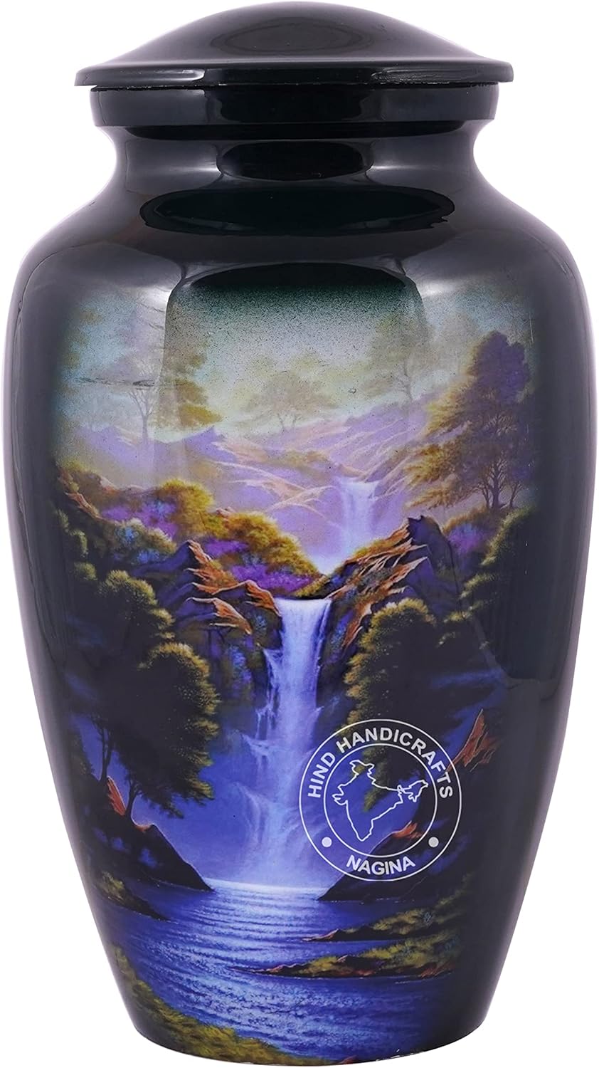 Mountain Waterfall Aluminium Cremation Urn for Human Ashes Adult - Handcrafted Funeral Memorial Urn for Ashes - Large Columbarium Urn - Bag Included - 200 Cubic Inches