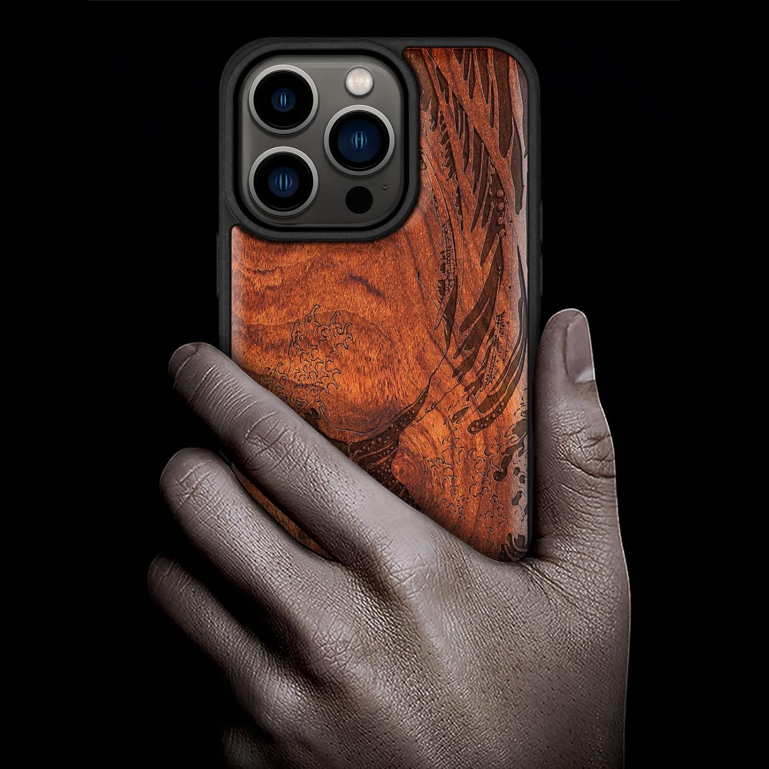 Carveit Magnetic Wood Case for iPhone 14 Pro Case [Natural Wood & Black Soft TPU] Shockproof Protective Cover Wooden Case Compatible with magsafe (The Great Wave Off Kanagawa -Rosy)