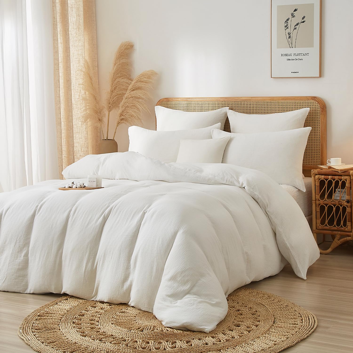 DXHOME Muslin Bettwäsche 200x220 Baumwolle Weiß Sommer Wendebettwäsche Atmungsaktiv Kühlende Bettbezug mit Reißverschluss und 2 Kissenbezüge 80 x 80cm