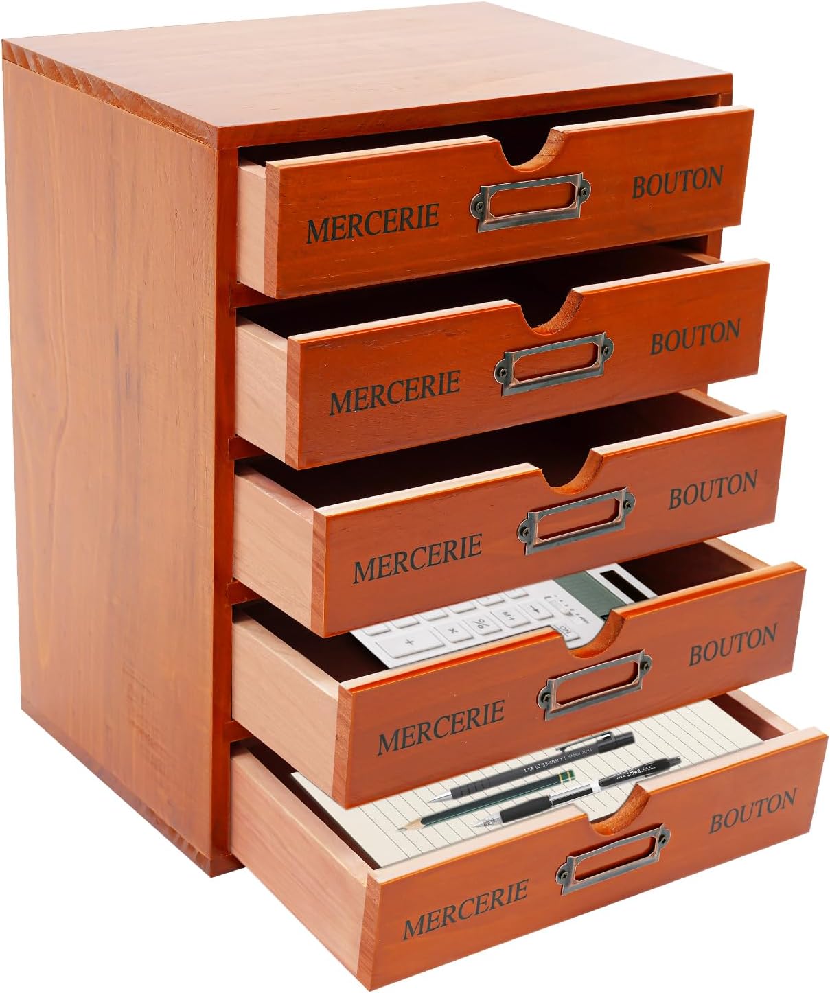 Desk Organizer with 5 Drawers, Wooden Apothecary Cabinet Desktop Storage Cabinet with Label Boxes, Makeup Organizer Filing Case for Office Bedroom Home, L9.8*W6.9*H12.2in, Brown