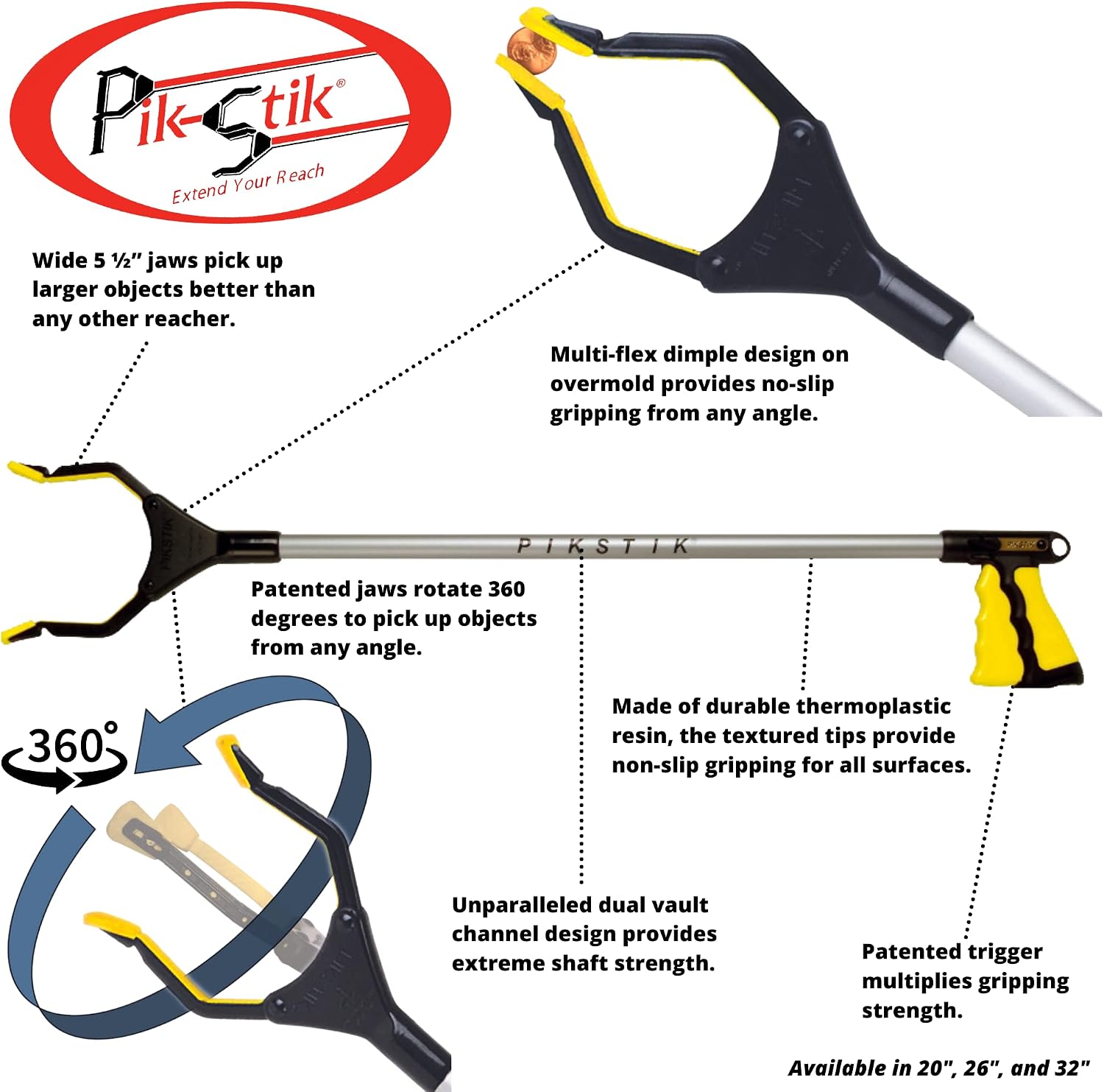Pro P-321, Aluminum Reacher, Wide 5.5” Jaw, 360° Rotating Jaw, Durable and Rust-Proof, Unique Handle and Trigger, 1 Year Warranty, Yellow, 32 Inch (Pack of 1) image 3