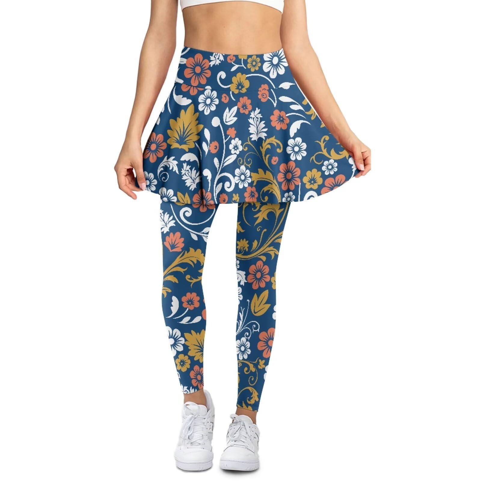 Gzzxiailg Blue Floral Womens Tummy Control Attach Skirted Legging with Pockets Stretchy Ruffle Pleated Skirt with Leggings Casual Yoga Skirted Capri Leggings