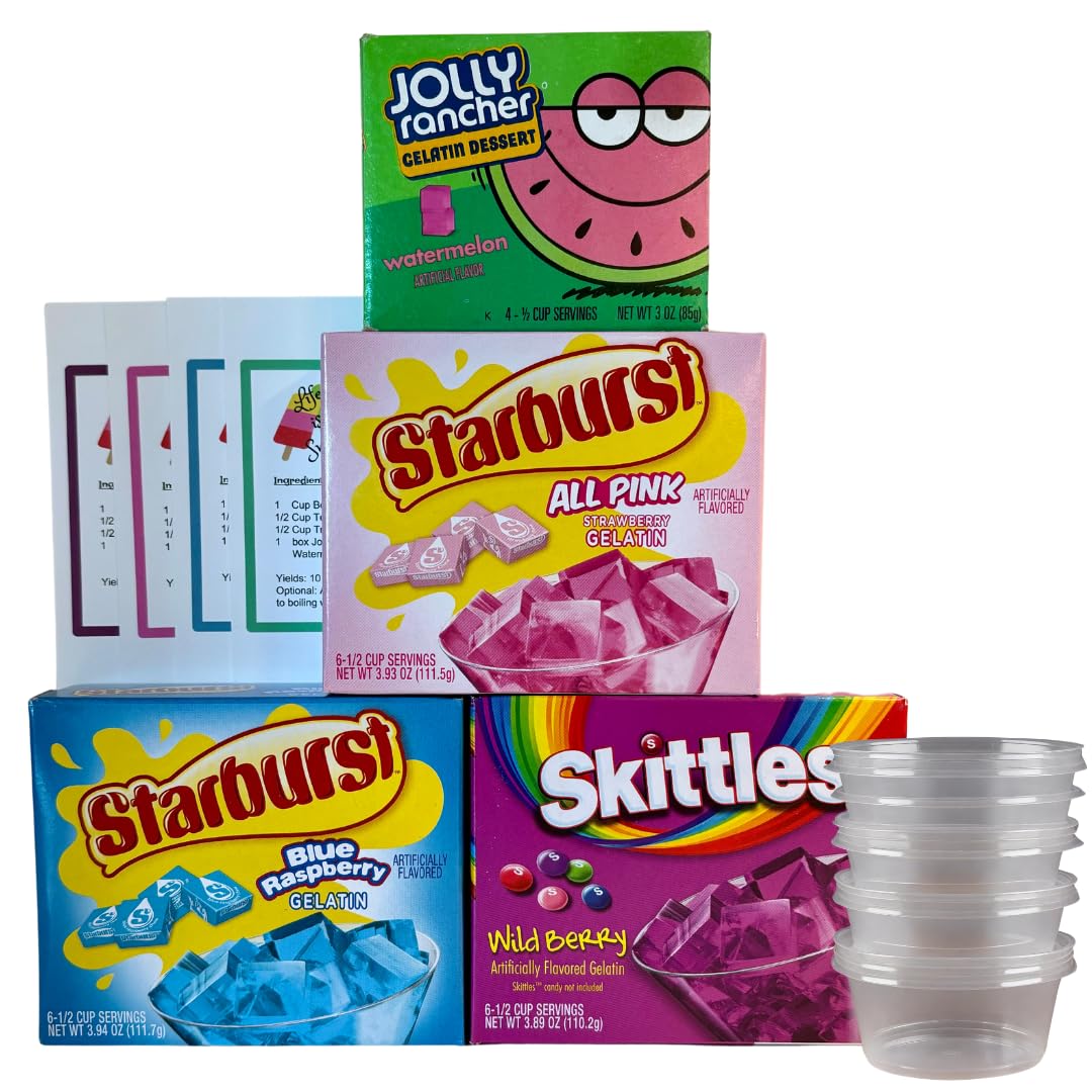 Jello Shot Making Kit - A Complete Party Kit for Making 50 (2 oz) Cups of Jello Shots: Includes 50 Portion Cups with Lids, Gelatin Variety Pack of 4 Flavors, and Sonshine Mineral Recipe Cards