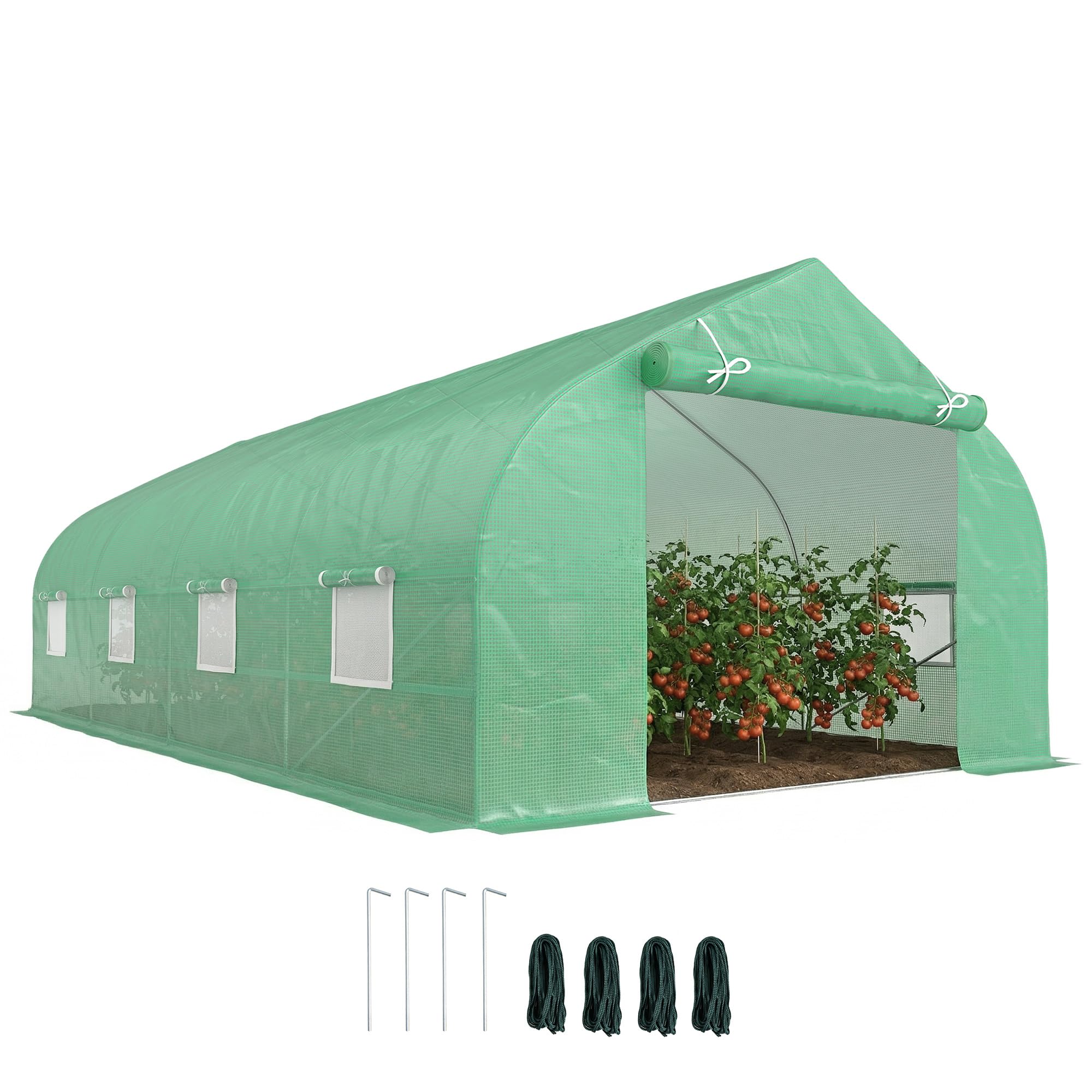 Outsunny Serra a Tunnel 6x3x2 m con 8 Finestre e Porta Avvolgibile, Serra per Orto in Acciaio e PP con 4 Picchetti e 4 Funi Incluse, Verde