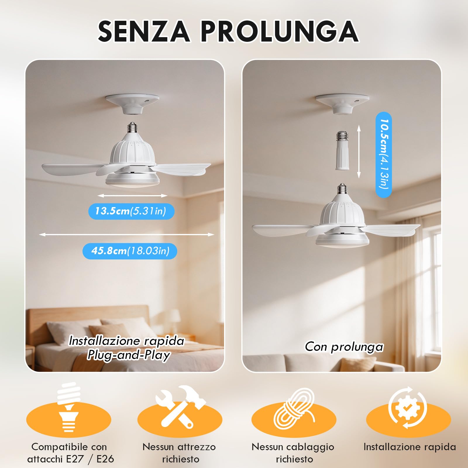 Dreamhigh Ventilatore Da Soffitto Con Luce E Telecomando, 18" Ultra Silenzioso, Con Attacco E27, 3 Velocità, Dimmerabile, Per Camera Da Letto E Soggiorno