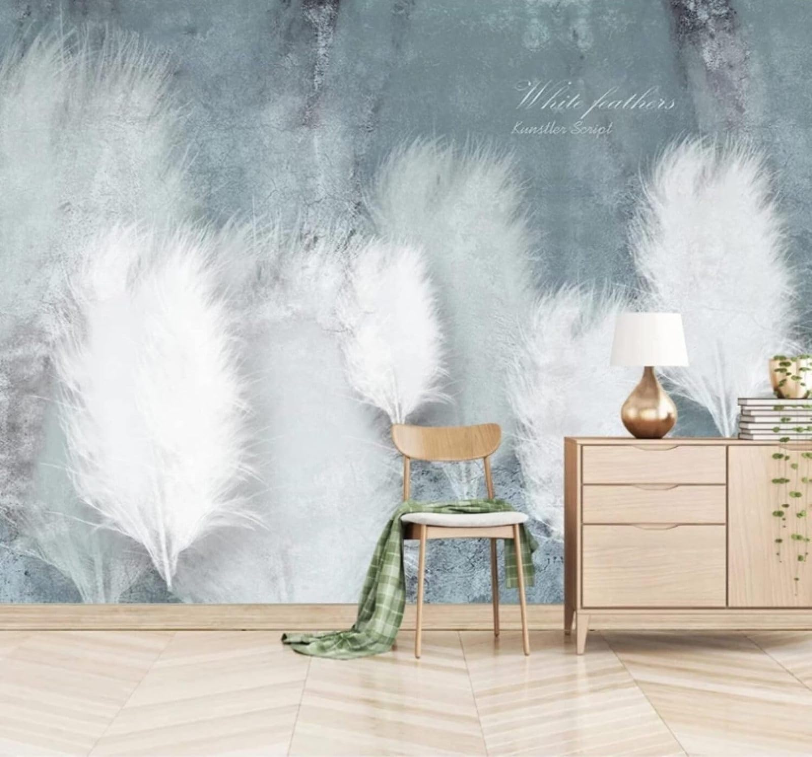 XLMING Abstract Blue Three Dimensional White Feathers 3D Wallpaper Luxury Silk Study Dining Feature Sofa Grey Bedroom Living Room Tv Decorative Wall-300cm×210cm