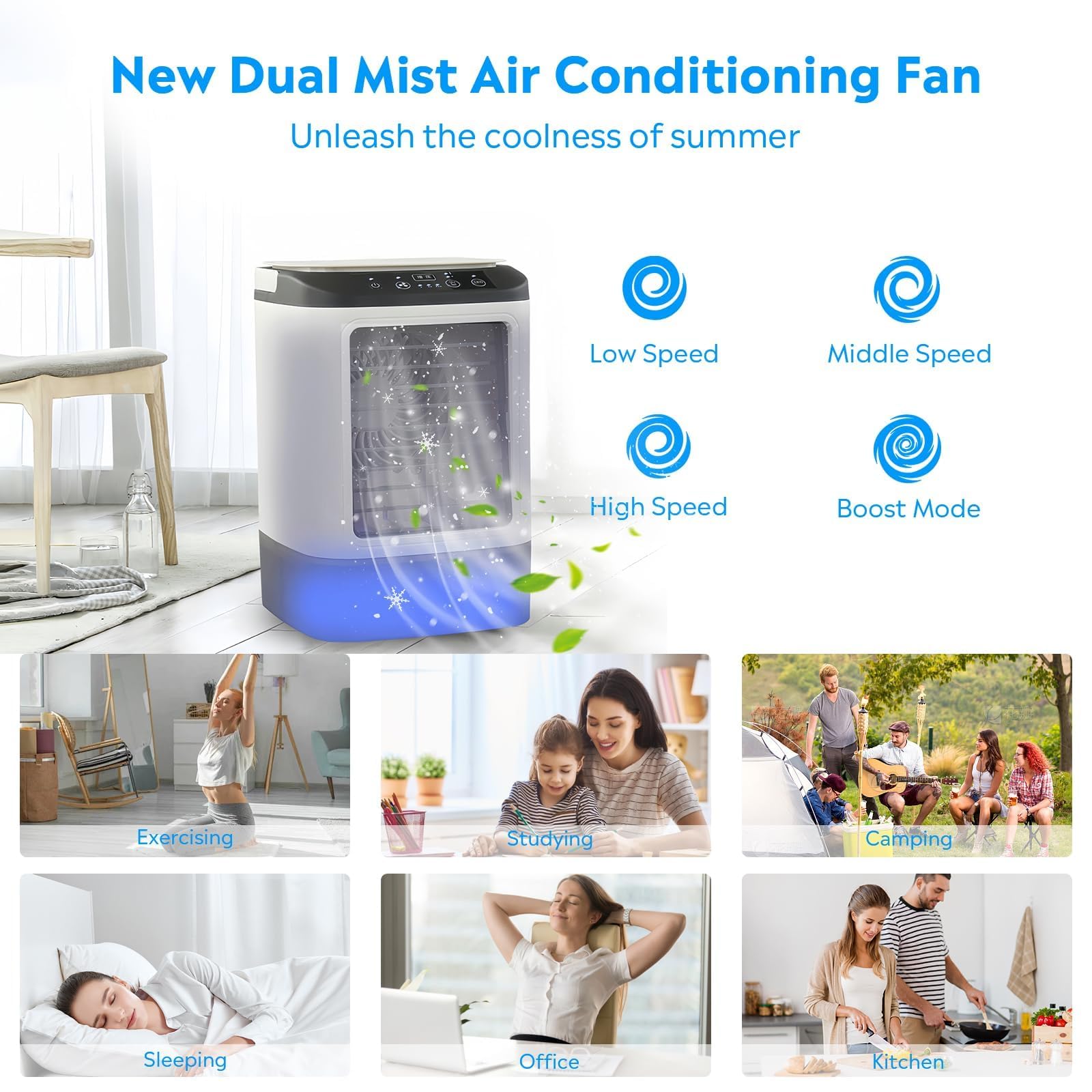 Raffrescatore D'aria Evaporativo Portatile, Ventilatore 4 In 1 Con Contenitore Per Il Ghiaccio, Serbatoio Dell'acqua Da 900 Ml, 2 Livelli Di Nebulizzazione, 3 Velocità E Modalità Boost