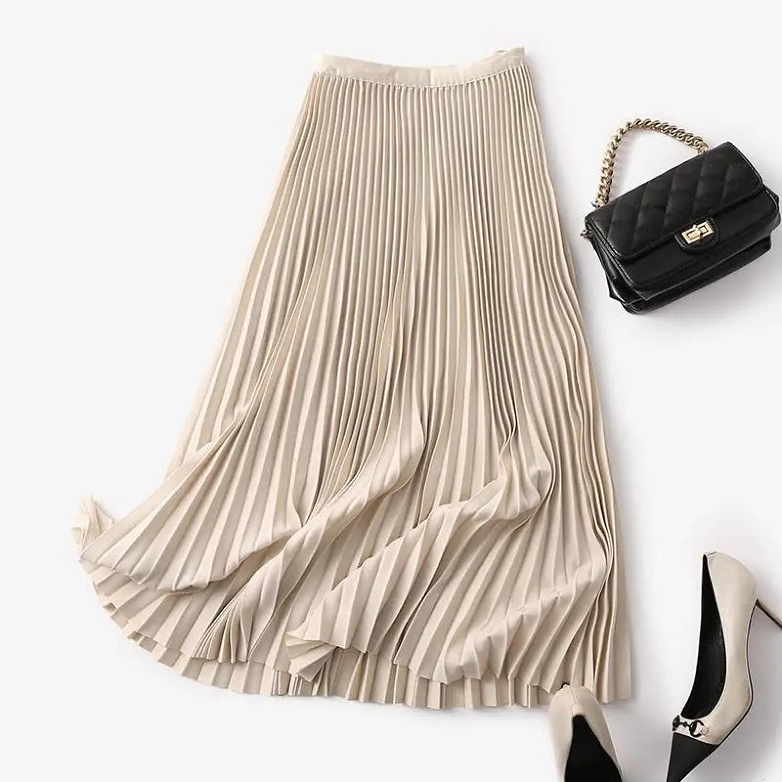 Röcke Für Damen Plisseerock Damenrock Kilt Lange Faltenröcke Für Damen Frühling Herbst Chic Gummiband Mode A-Linie Elegant Büro Damen Luxus Midirock M Beige