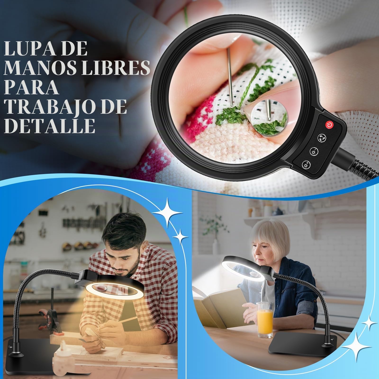 NZQXJXZ 10x Lupa con Luz y Soporte, Lampara Lupa con 72 LED, 3 Temperaturas de Color y 10 Niveles de Ajuste de Brillo para Aficiones, Lectura, Joyería, Trabajo de Cerca