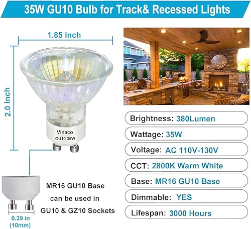 Miniatura 5 de Vinaco Gu10 Bulb, 6 Pack High Brightness gu10+c 120v 35w Halogen Light Bulbs with Glass Cover, dimmable gu10 Track Lighting, Soft White, High CRI100
