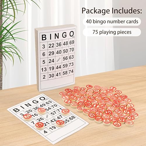 Miniatura 3 de Juego de mesa de bingo, tarjetas de bingo clásicas, juego de bingo de madera vintage, con 40 tarjetas de números de bingo y 75 ajedrez, para