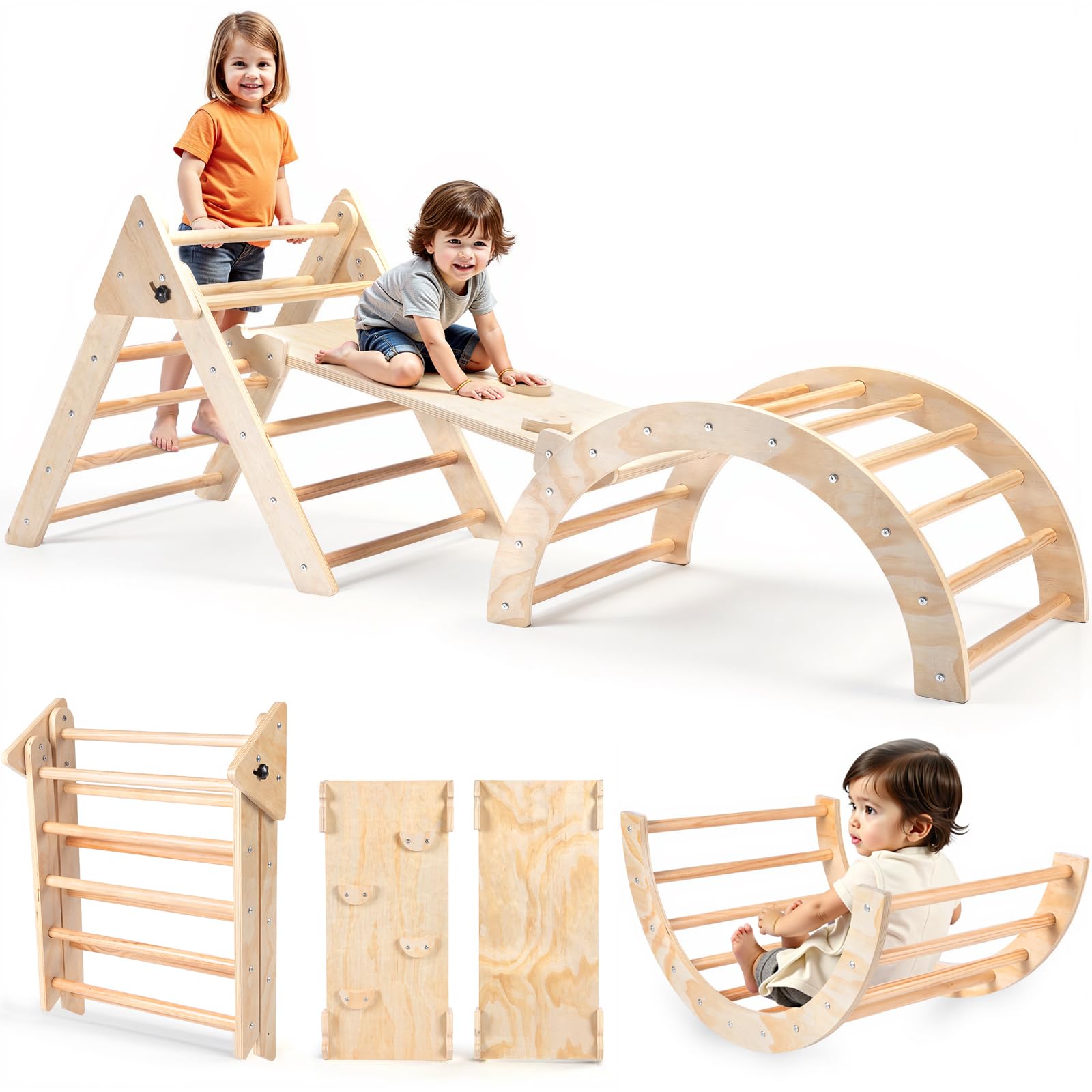RUIE Klettergerüst Indoor 7-in-1 Kletterdreieck mit Rutsche, Hölzernes Kletterdreieck Set für kletterbogen ab 1 Jahr, Montessori klettergerüst, Kletterturm, Kinder Indoor Spielplatz