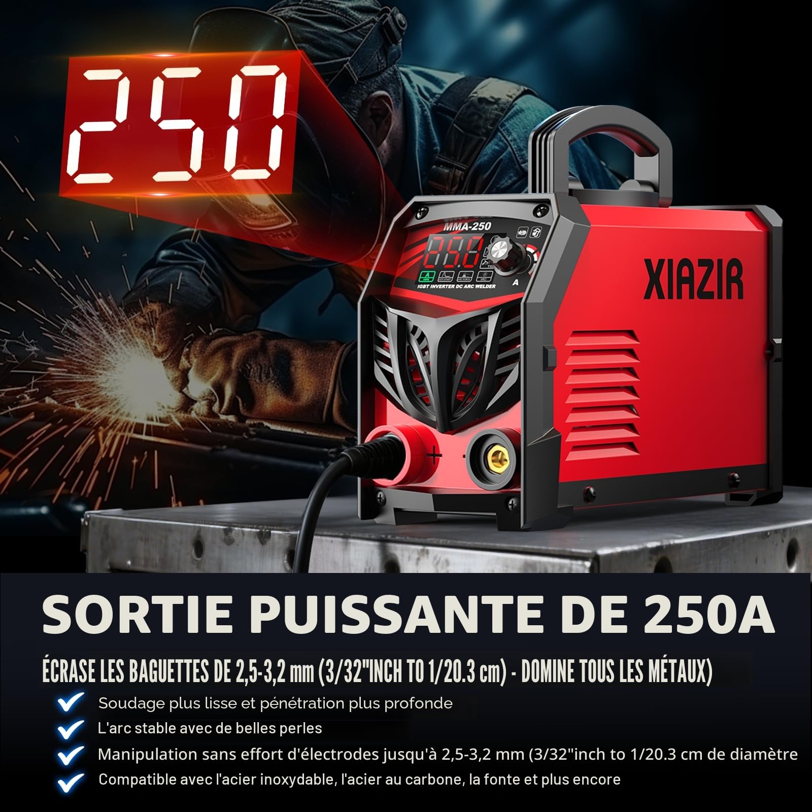 Poste à souder à l’arc 250A 220V avec écran LED, soudeuse portable à onduleur IGBT avec Hot Start, Arc Force & Anti-Stick, kit complet pour bricolage, atelier & ferme