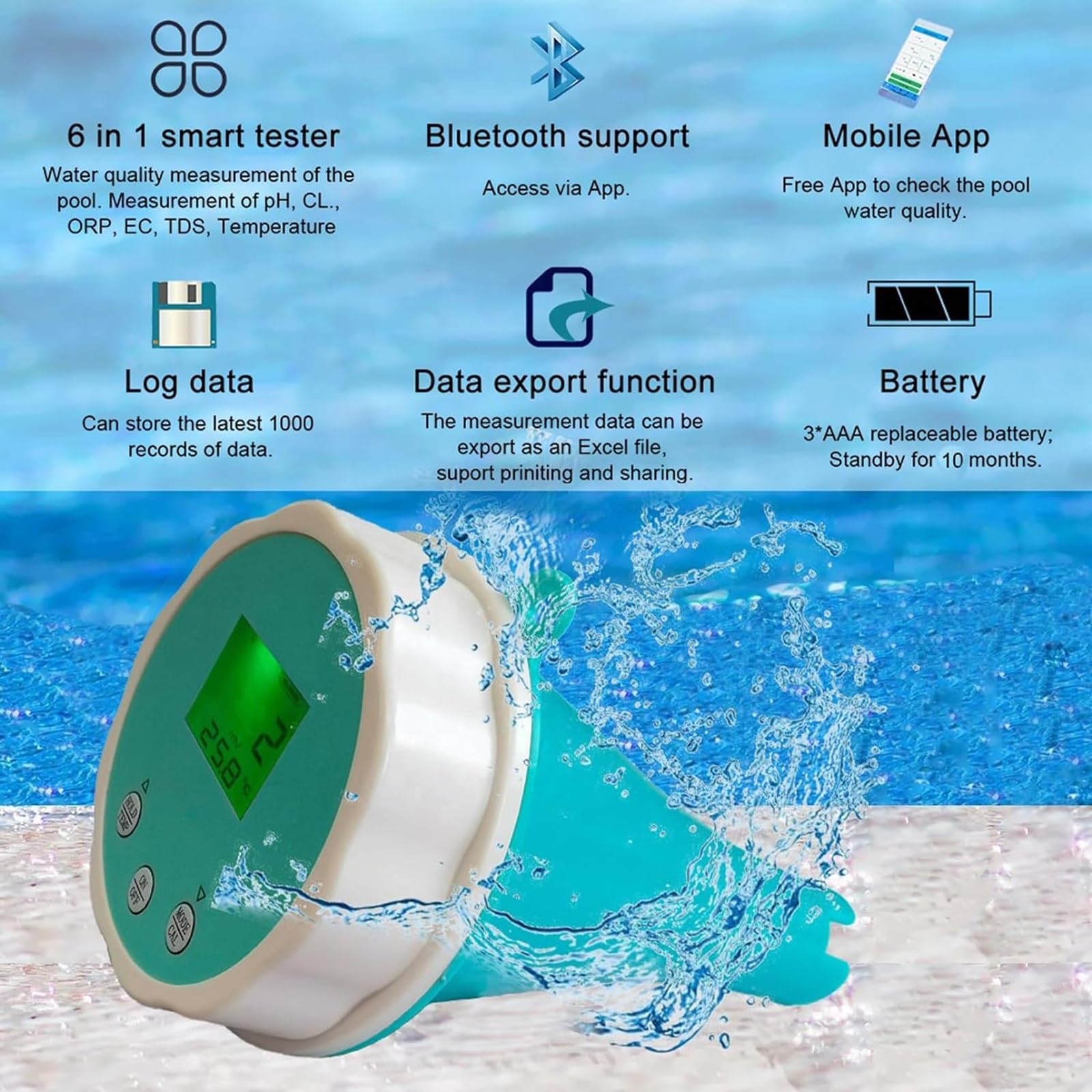 Misuratore di test dell'acqua – Tester Bluetooth per il monitoraggio del pH e del cloro in piscine, vasche idromassaggio e spa