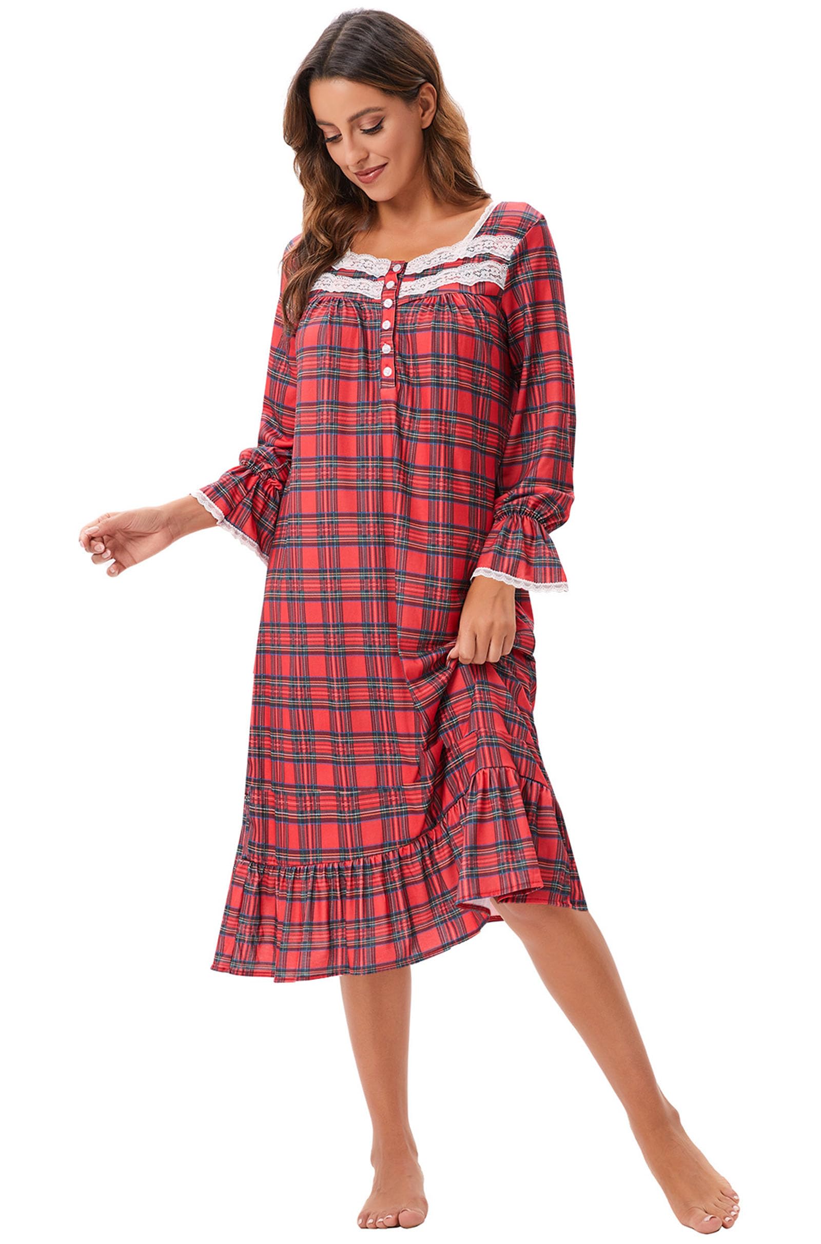 Chemise de Nuit pour Femmes à Manches Longues Vêtements d'intérieur Longs Chemise de Nuit à col Rond Chemise de Nuit Pleine Longueur