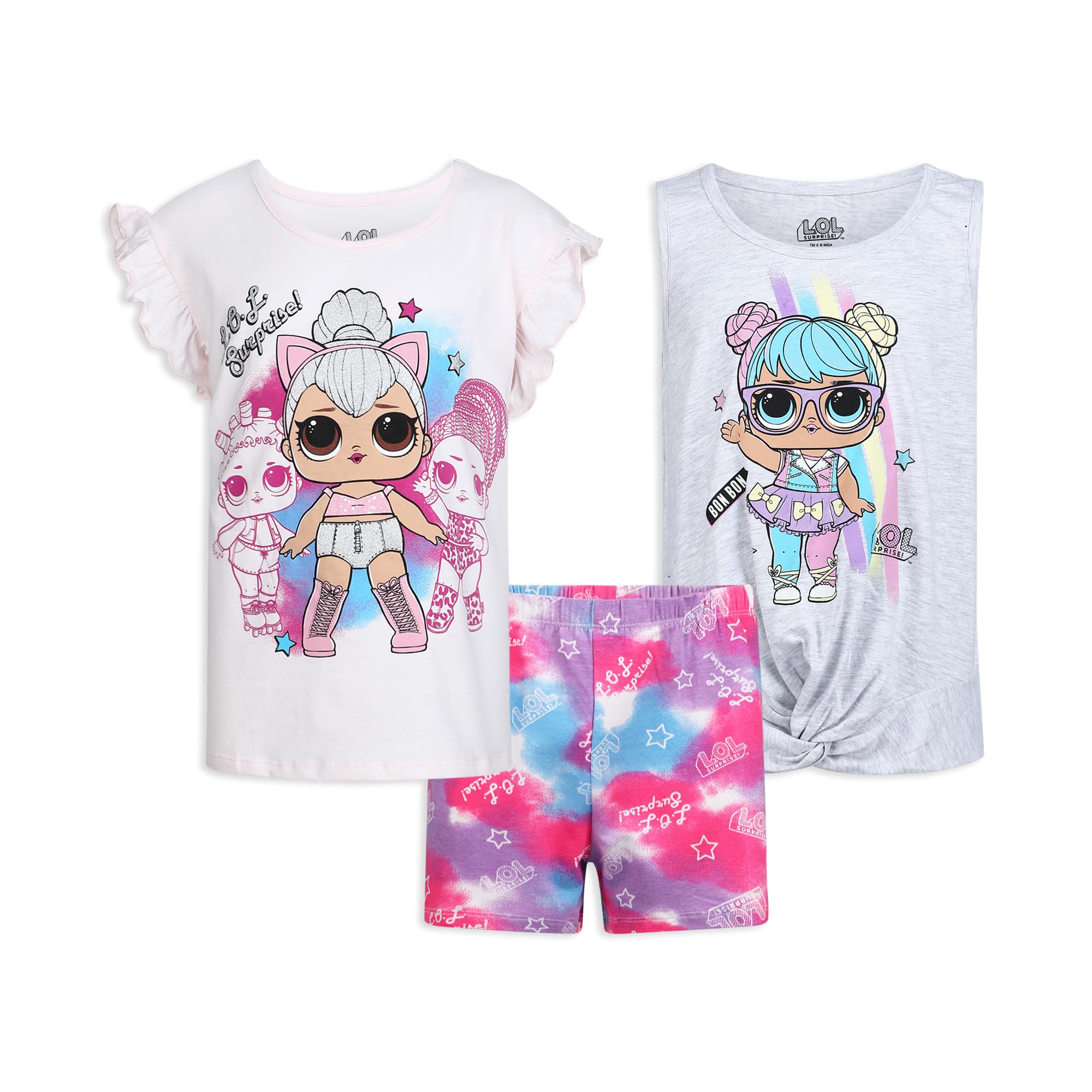 L.O.L. Surprise!Kitty Queen and Bon Bon Girls’ T-Shirt, Tank Top and Short Set for Big Kids – Pink