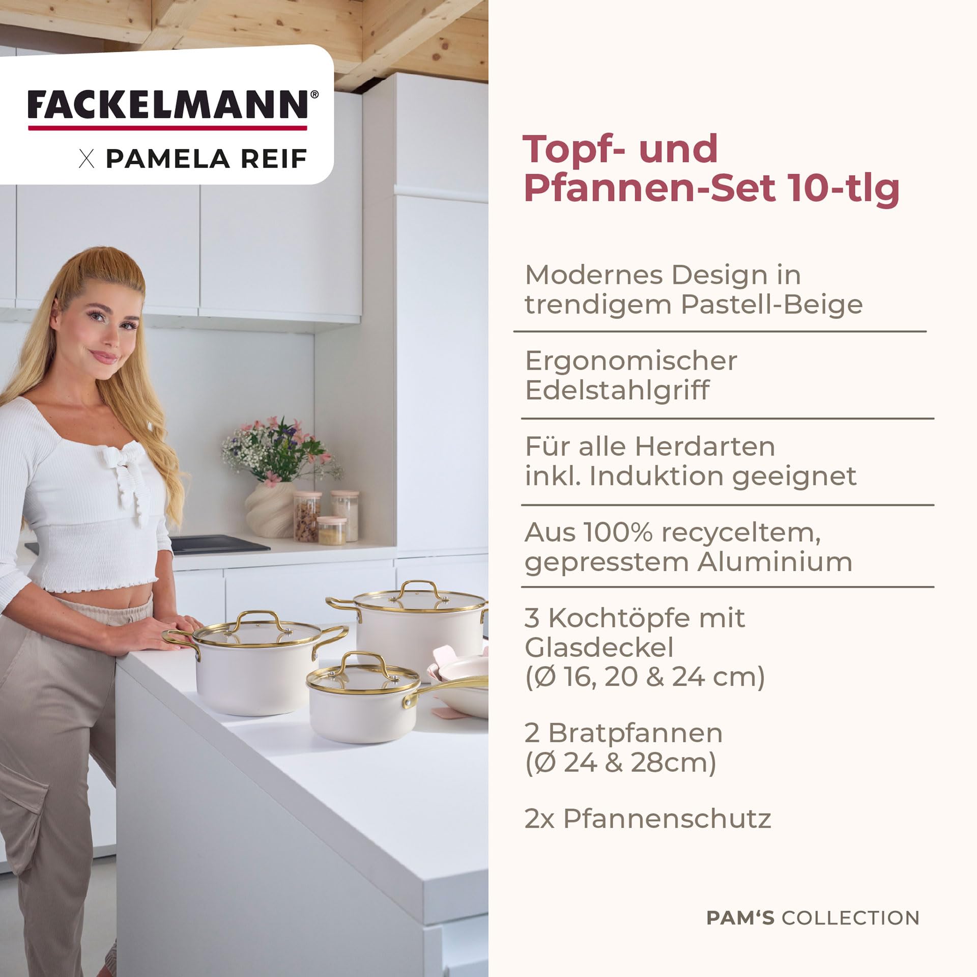 Fackelmann x Pamela Reif 10-teiliges Topf- und Pfannen-Set – gepresstes Aluminium, pastell beige, inkl. Pfannenschutz, für alle Herdarten geeignet
