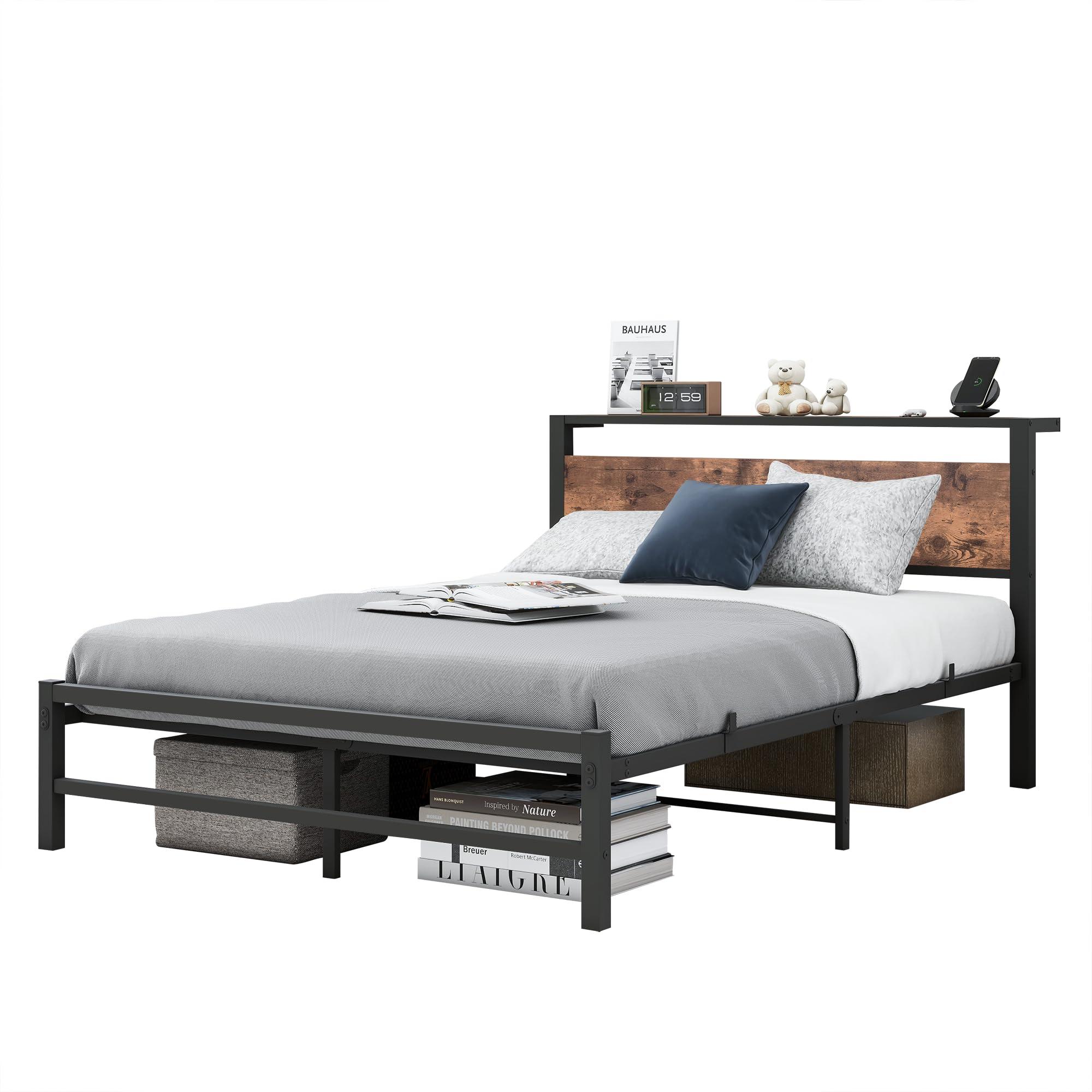 Metallbett Bettrahmen mit Holz Lagerung Kopfteil, Bettgestelle mit Lattenrost für Schlafzimmer Gästezimmer, Einfache Montage, Rauschfrei, 120 x 200 cm