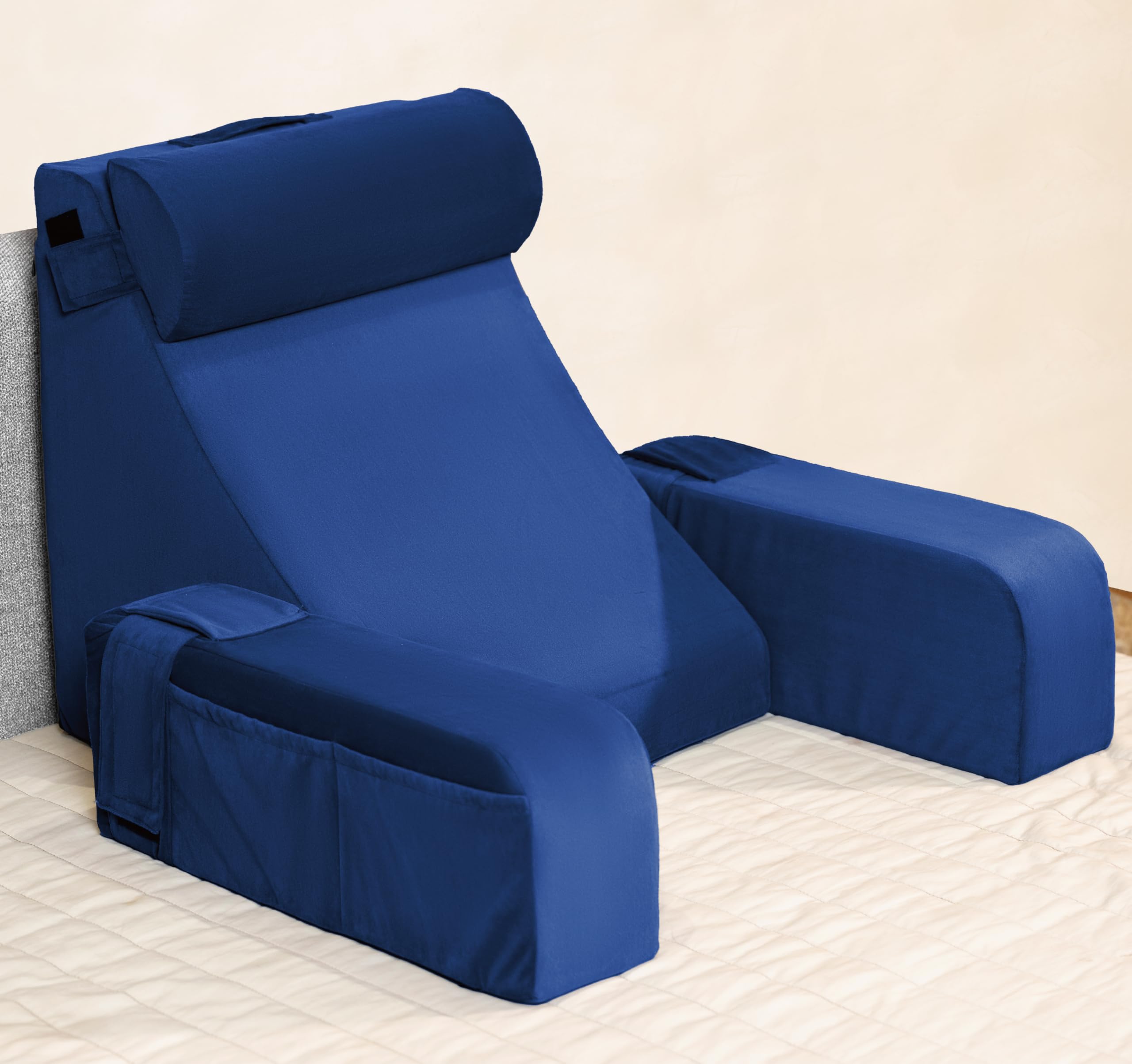 FOVERA Reading Pillow with Arm Support & Headrest | Backrest Pillow for Bed | High-Resilience Foam Bed Back Support Pillow for Reading, Working & Relaxing | Removable Velvet Cover (Navy Blue)-image-25