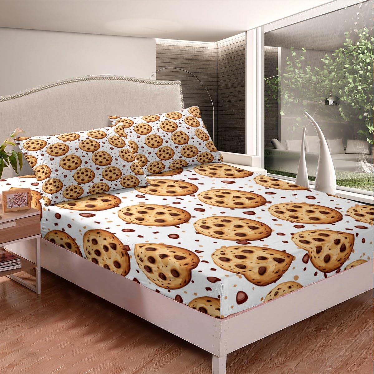 Erosebridal Chocolate Chip Cookies Bedding Set, Cartoon Dessert Flavours Pastry Bakery Food Design Sheet Set, Decorative 3 Piece Fitted Sheet with 2 Pillow Shams, Full Size, Brown White