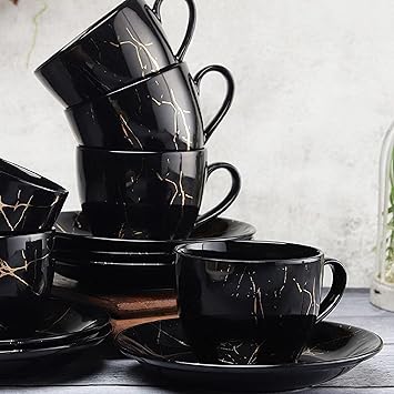 Clay Craft Marble Finish Cup & Saucer Set of 12 (6 Cups + 6 Saucers) - 180 ml Each (Black)