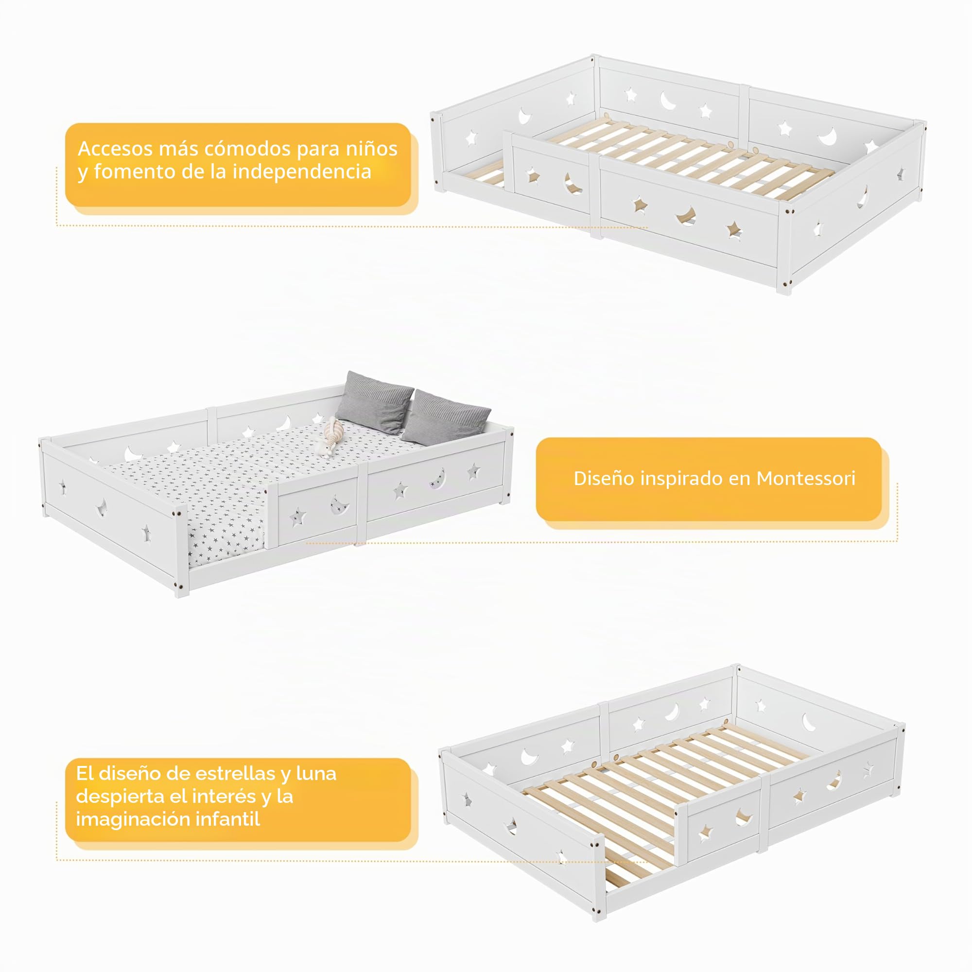 Cama infantil Montessori de 140 x 200 cm, cama de suelo de madera, segura para niños y niñas, con protección anticaídas, adecuada para niños y niñas (blanco-1, 140 x 200 cm)