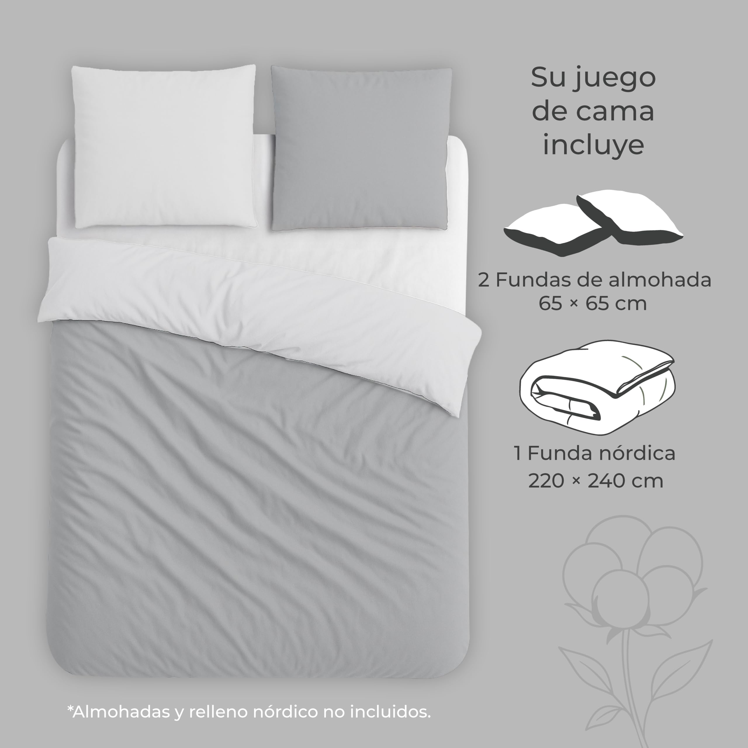 Dreamzie Funda nordica Cama 150/160 Algodon - Funda edredon 220x240 con Cierre + 2 Fundas Almohada 65x65 - Juego de Cama Liso y Reversible - Gris Claro