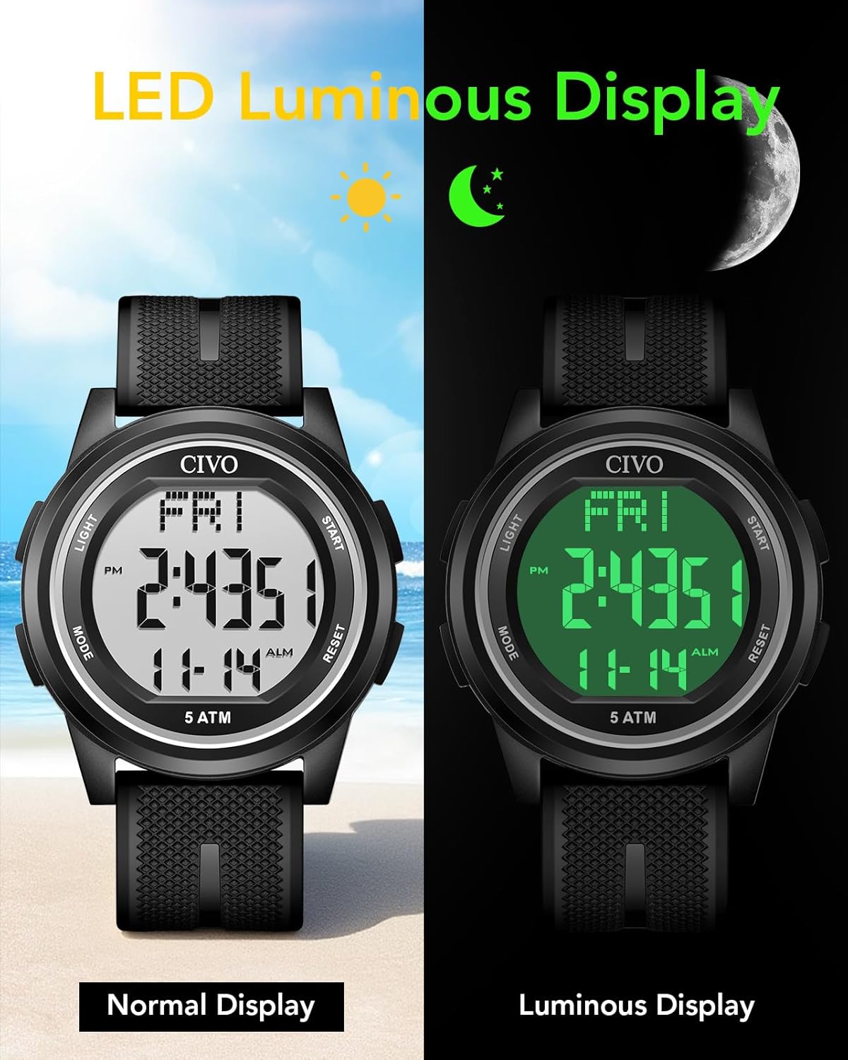 CIVO Digital Watches for Men Women: Sports Waterproof Wristwatch with Stopwatch Alarm Date - LED Backlight Big Numbers Silicone Watch for Outdoor Camping Hiking Cycling - Image 3