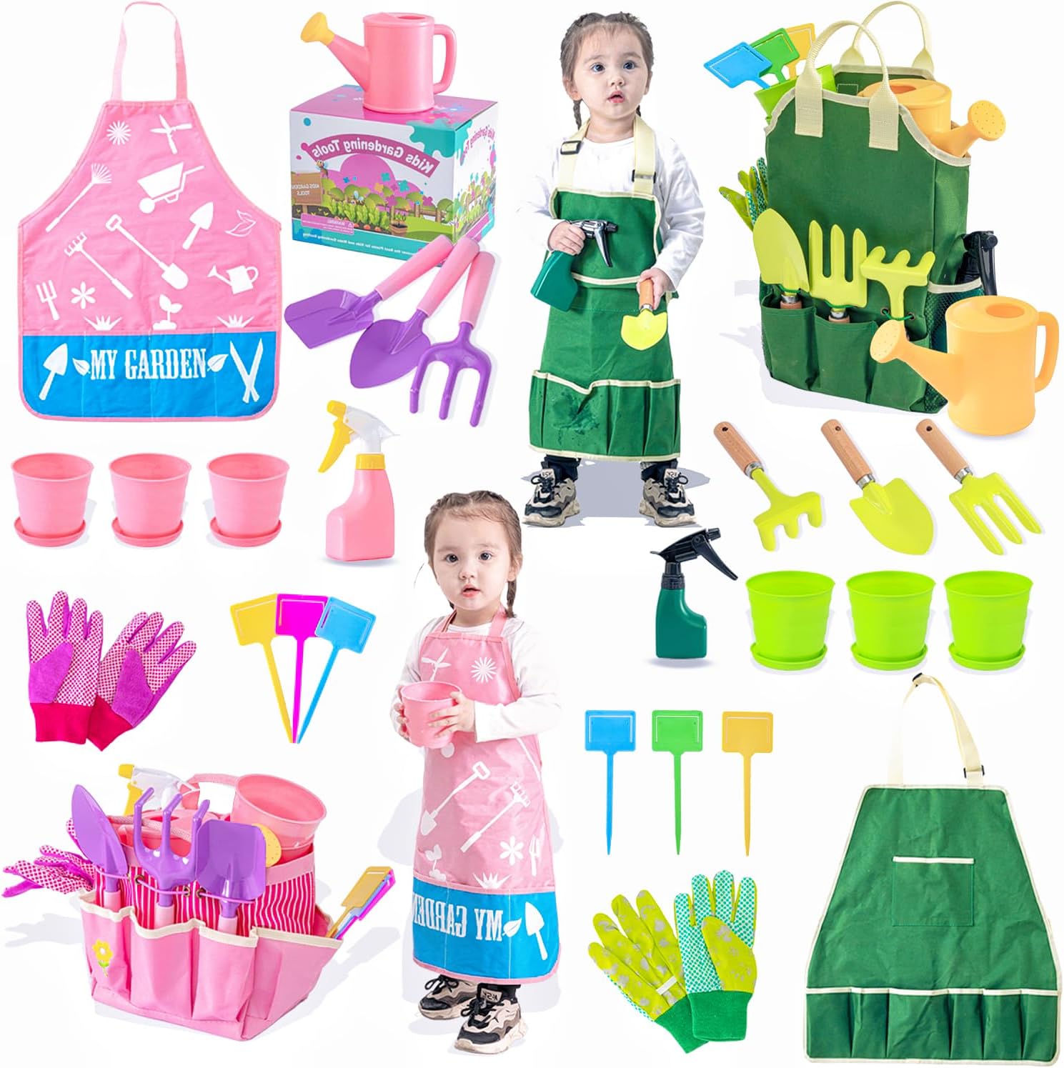 Kids Gardening Tools Complete Set for 2 Colors (Green & Pink)