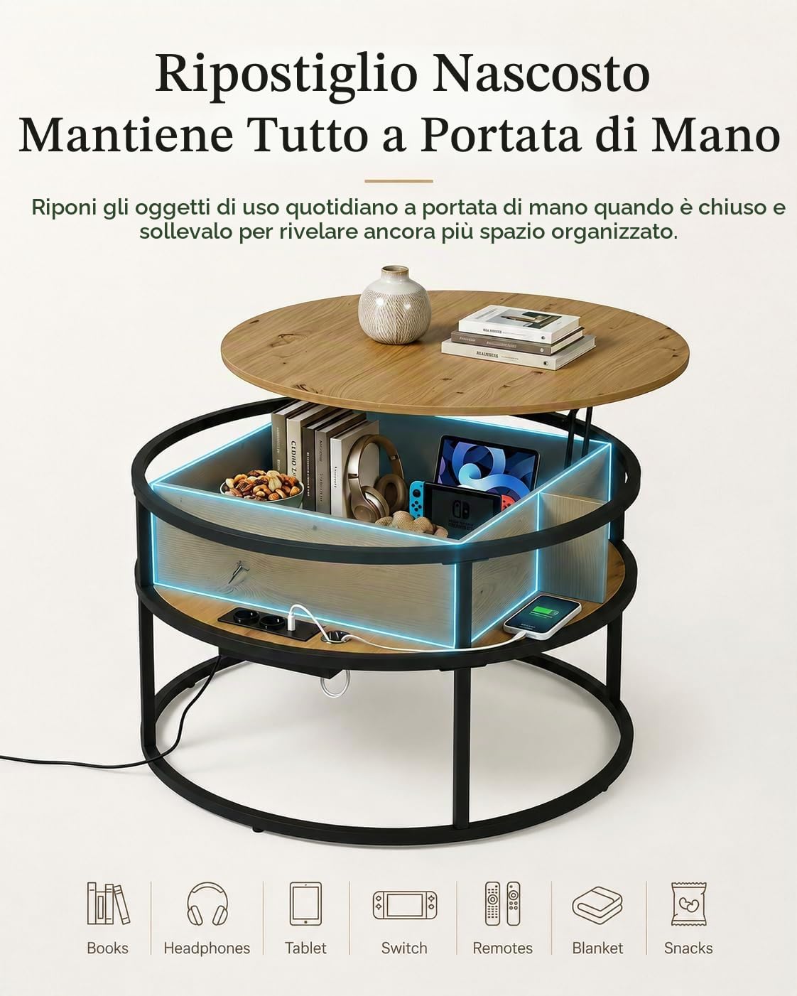 Tavolino Salotto Rotondo 80cm con Prese e USB, Tavolino Rialzabile con Luci LED e Cassetto, Tavolo da Salotto Trasformabile per Soggiorno Camera Ufficio