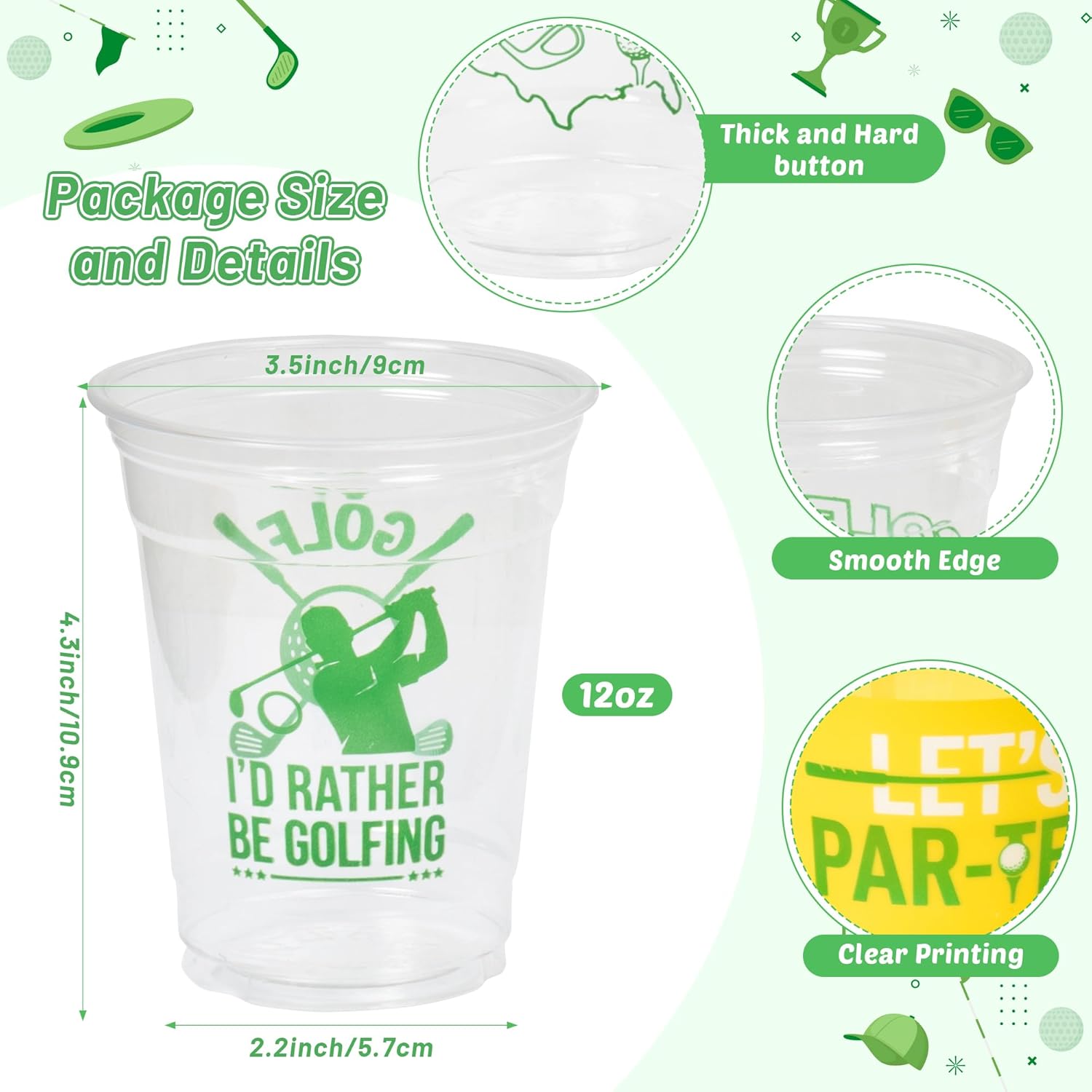 R HORSE 50Sets Disposable Golf Party Cups - Bulk 12oz Golf Ball Clear Plastic Cups with Straws and Cards Disposable Tumblers Supplies for Birthday Baby Shower Sport Themed Party Decoration Favors