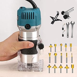 Wood Router + 15PCS 1/4" Router Bit Set Router Tool 800W Wood Routers for Woodworking Electric Hand Tool, 30000R/MIN Compact Edge Trimmer Laminate Milling Engraving with Tungsten Carbide