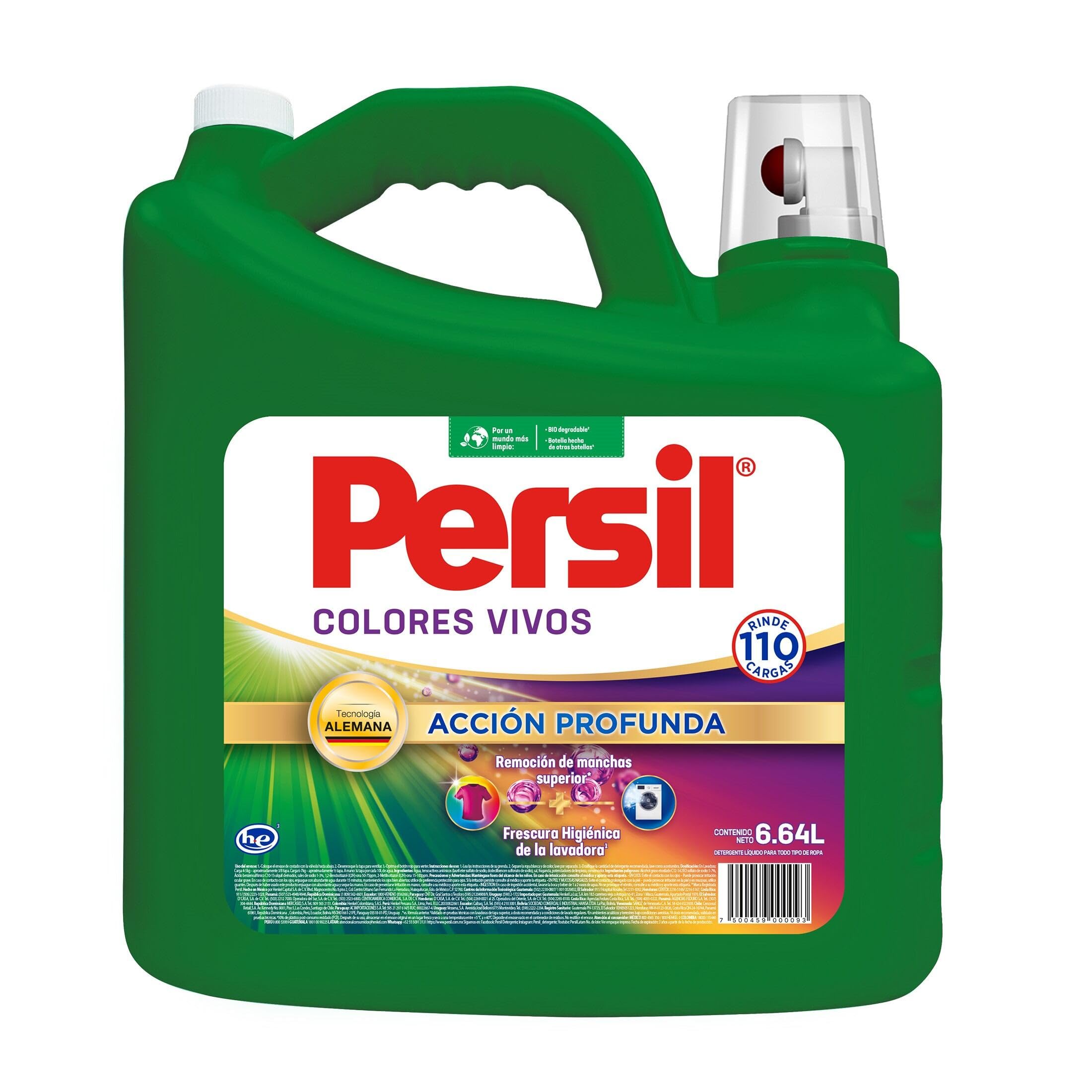 Persil - Detergente Gel Colores Vivos 6.64L Jabón Líquido para Ropa Acción Profunda (96 cargas), Remueve Manchas, Limpieza con Frescura Duradera, Tecnología Alemana - 6.64 L
