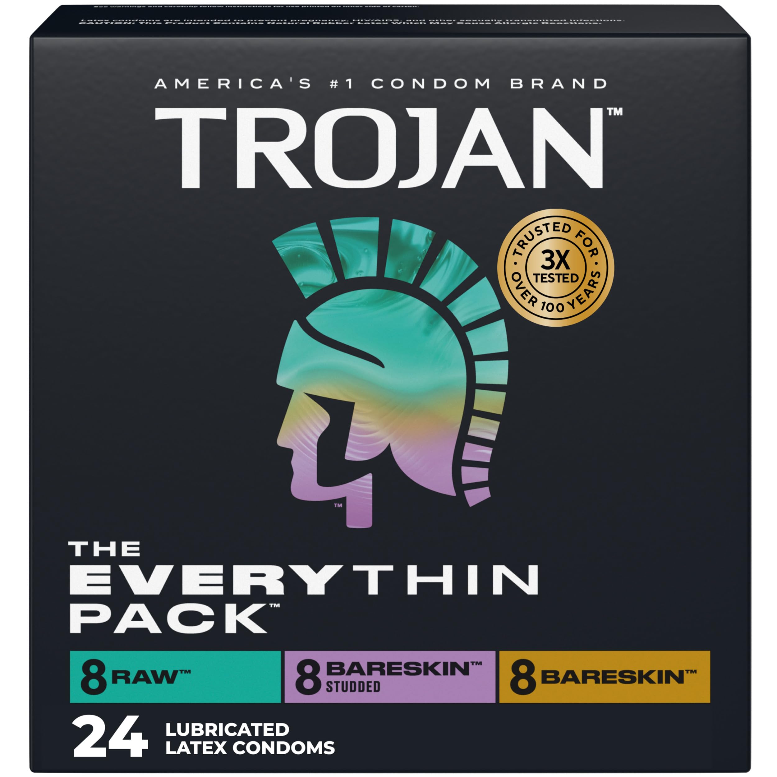 Trojan BareSkin Condoms, Everythin Variety Pack, Lubricated Latex BareSkin Thin Condom, 24 Count
