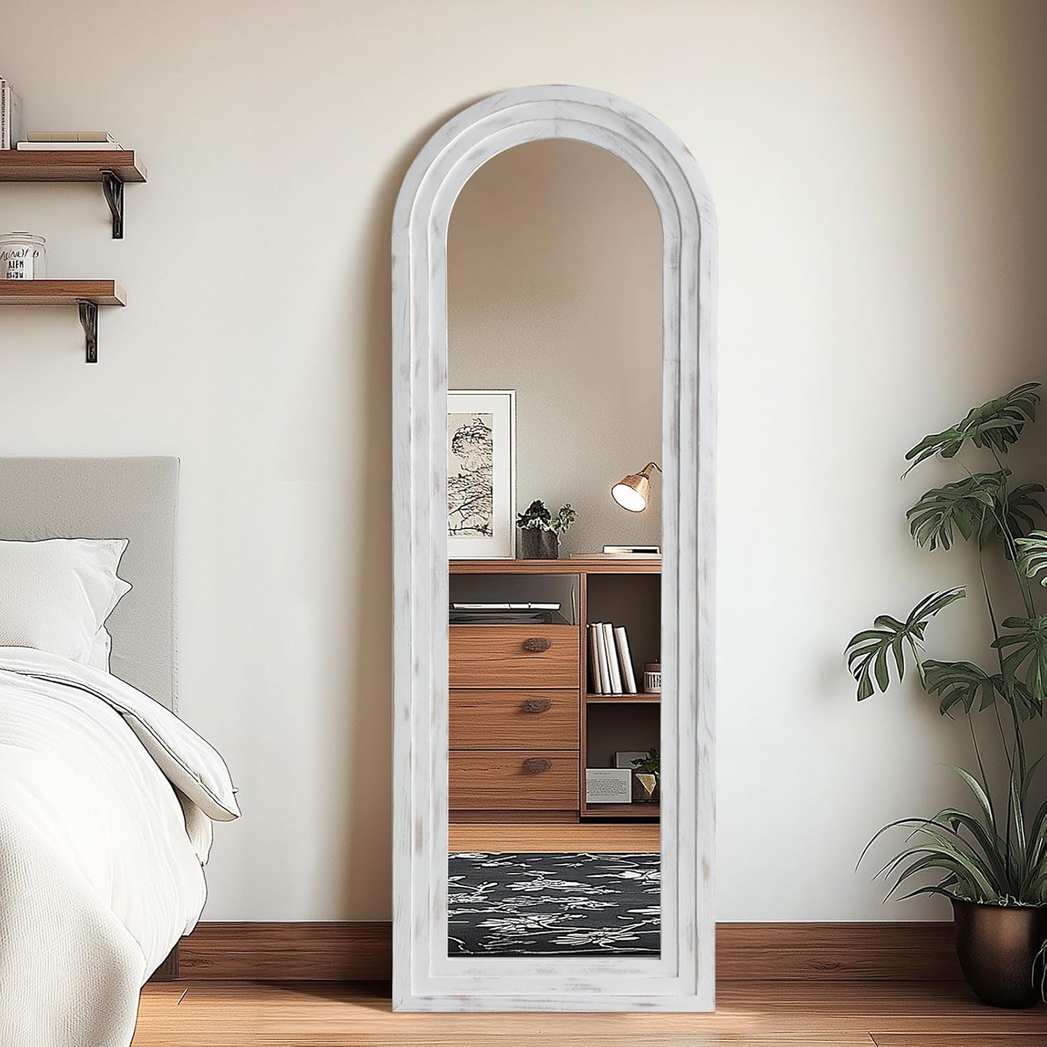 Rustic Arched Full Length Mirror Wood Frame, 64"X21" Farmhouse Floor Mirror with Stand for Bedroom Living Room Dressing Room Entryway, Free Standing Mirror Leaning or Wall Mounted, White - Image 2