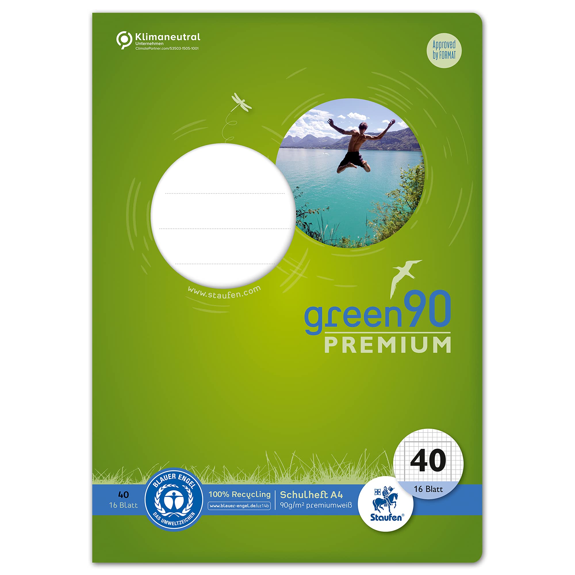 Staufen Green notebook - DIN A4, line style 40 (5 mm square with border), 16 sheets, 90 g/m² recycled paper, round corners prevent "donkey ears", 4 different designs (no choice possible), 1 piece