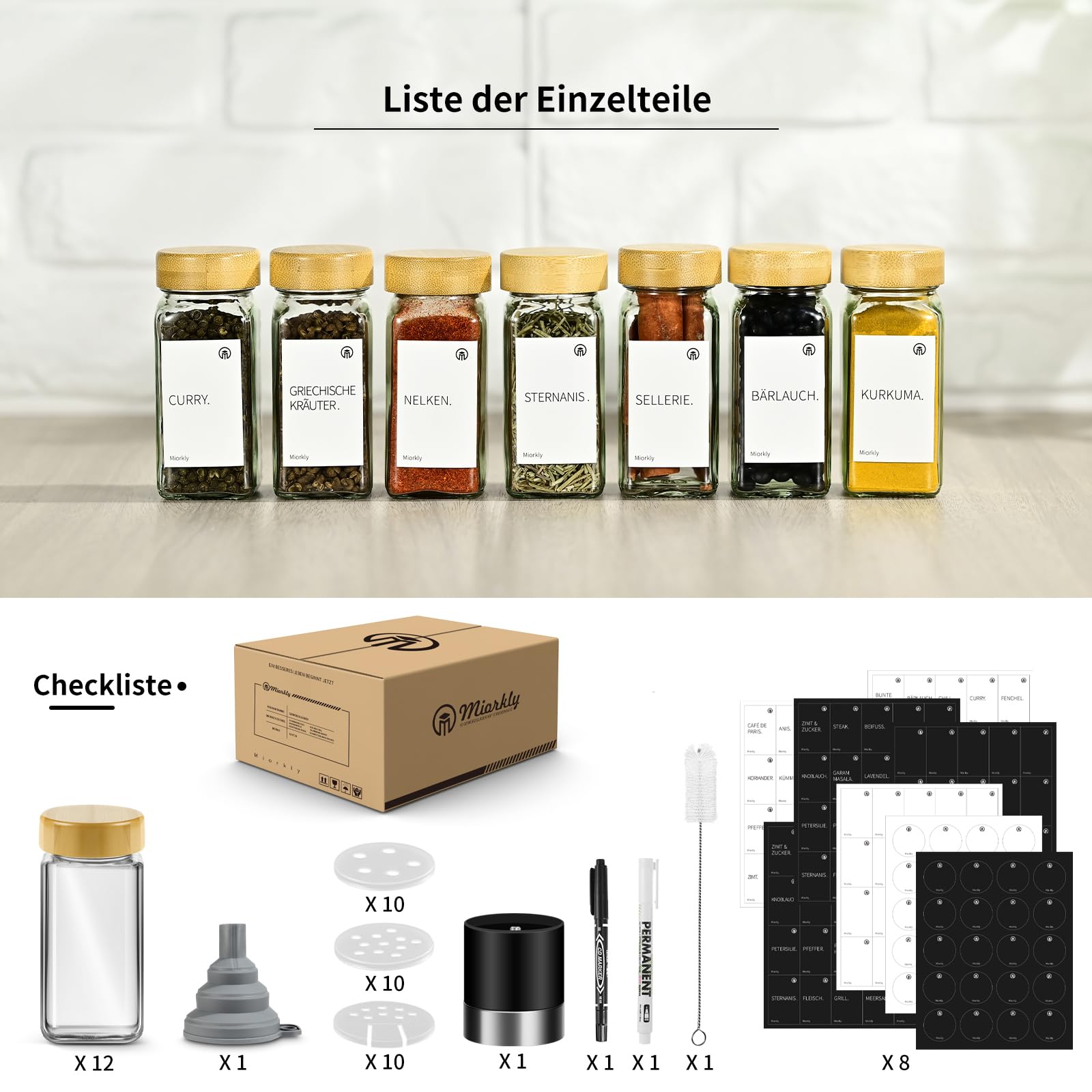 Miorkly Gewürzgläser Eckig mit Streueinsatz - 12er Set 120ml Gewürzdosen Hochwertigem Holzdeckel aus Bambus Gewürzgläser - Gewürzstreuer Glas mit Streuer-Aufsätze,Trichter,Etiketten- Spice Jars