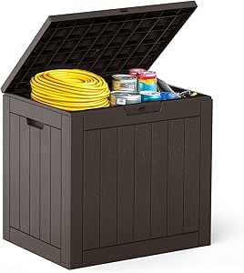 DUMOS 31 Gallon Deck Box, Lockable Outside Storage Box for Outdoor Use, Outside Waterproof Resin Package Delivery Box for Backyard Patio Garden, Brown