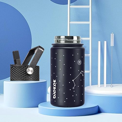 Miniatura 4 de BJPKPK Botella de agua con tapa con pajilla, botella de agua aislada de 15 onzas, botellas de agua de metal de acero inoxidable, termo reutilizable