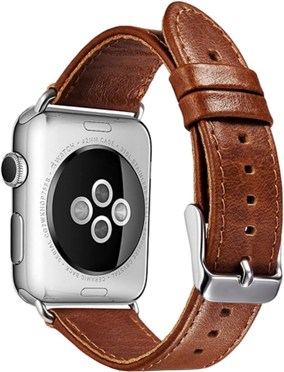 iogod Genuine Real Leather Watchband Strap Stainless Steel Buckle for Apple Watch, Apple Watch Band